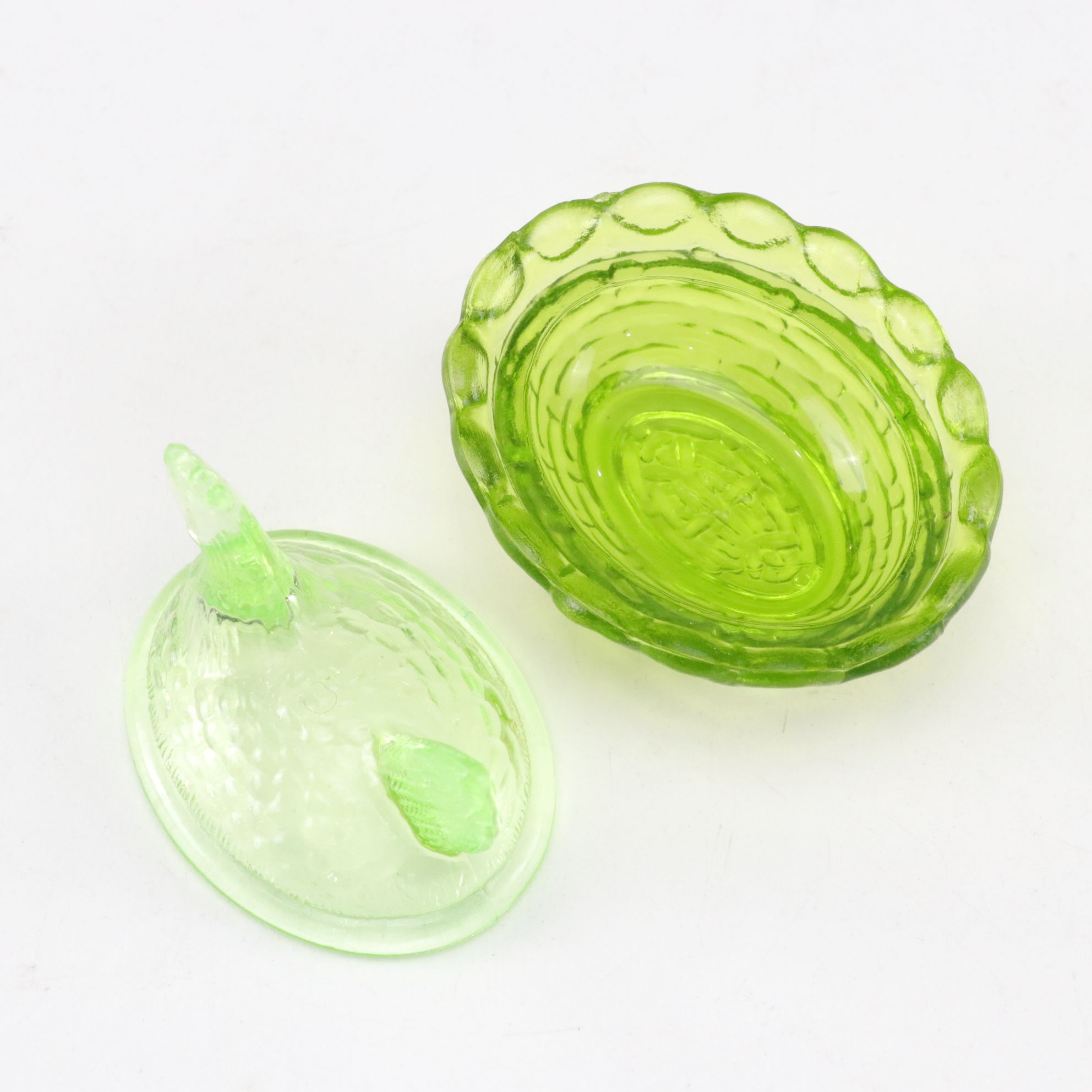 Uranium Glass Hen on Nest & Bird on Nest Covered Condiment Dishes