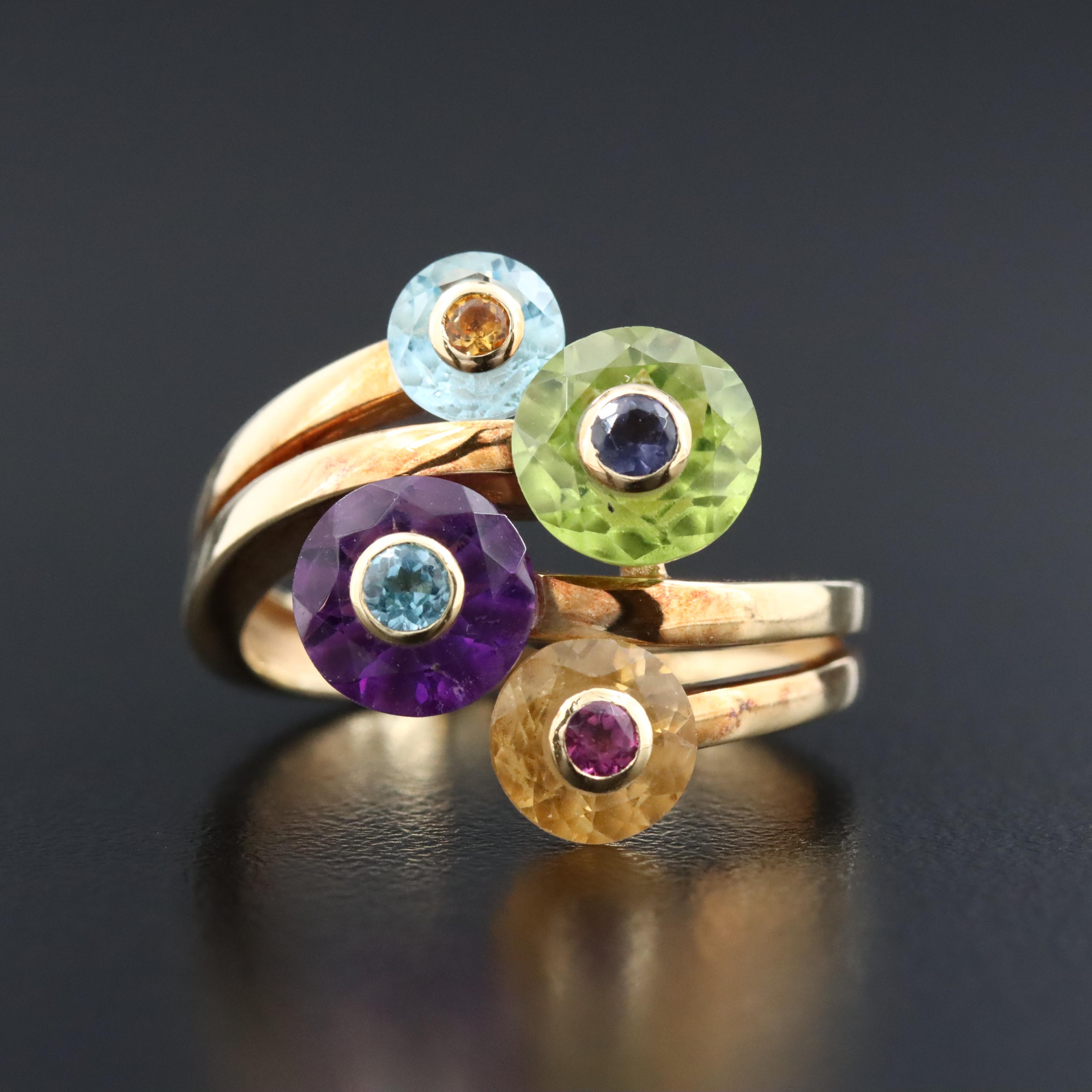 14K Gemstone Ring Featuring Peridot, Topaz, and Amethyst