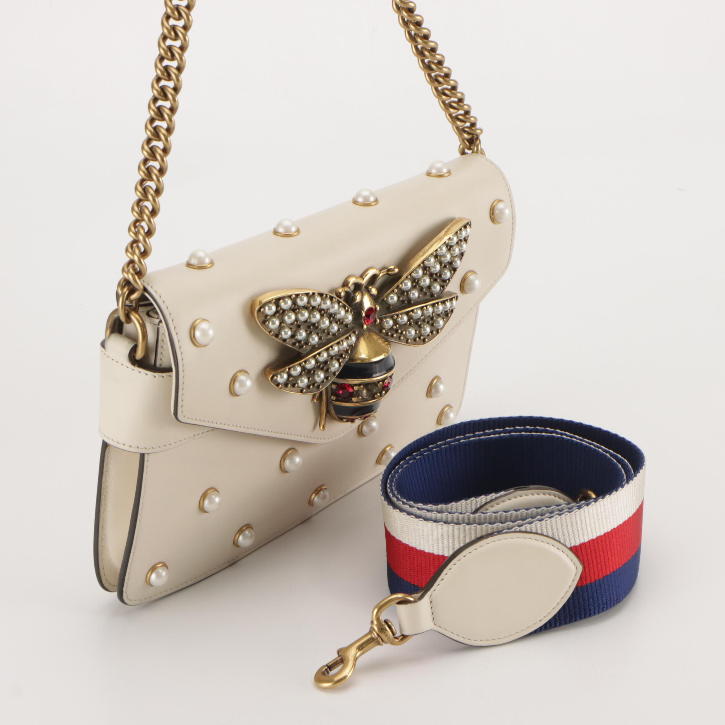 Gucci Queen Margaret Broadway Bee Embellished 2Way Bag in Ivory Calfskin Leather