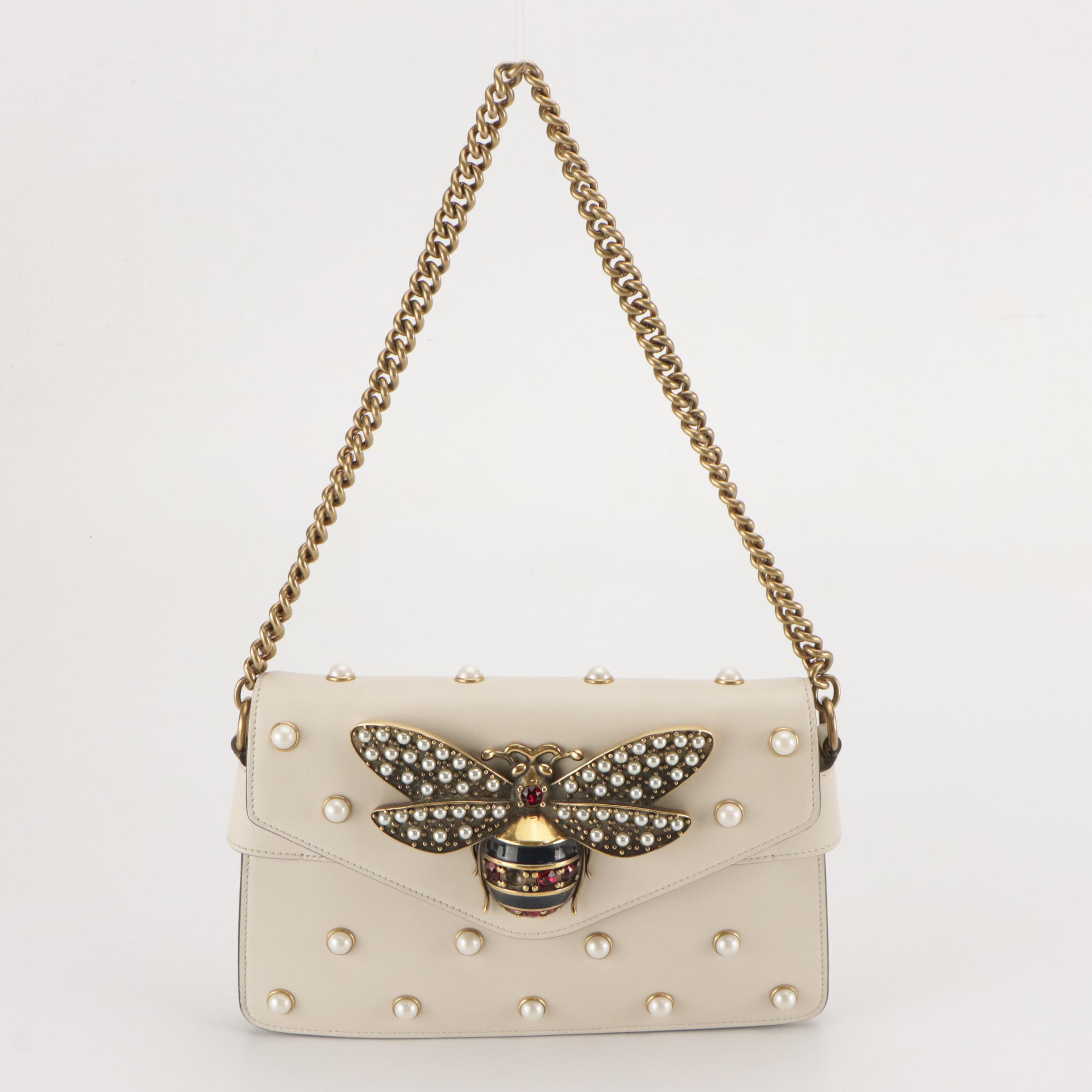 Gucci Queen Margaret Broadway Bee Embellished 2Way Bag in Ivory Calfskin Leather