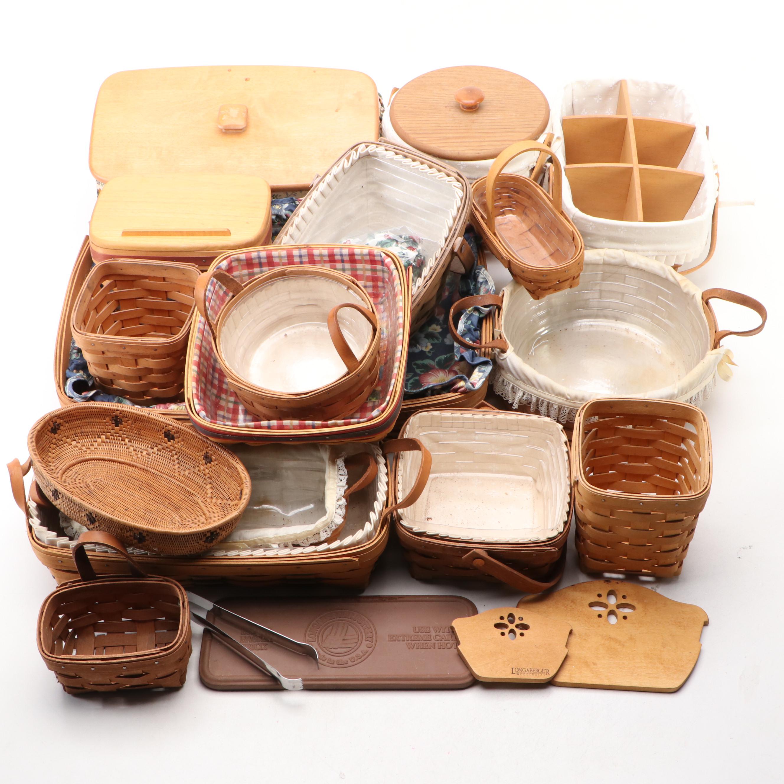 Longaberger and Other Wooden Baskets with Plastic and Fabric Insterts