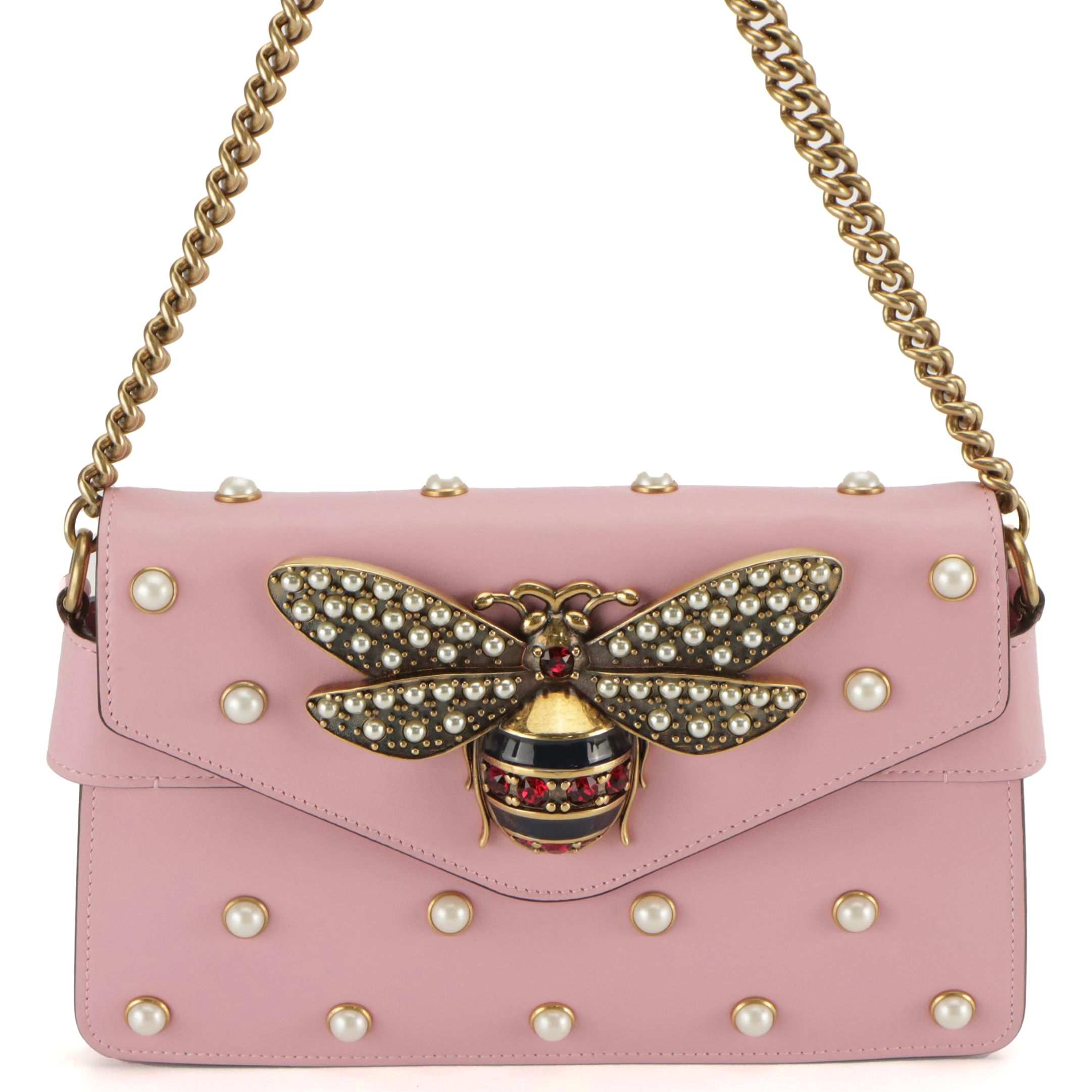 Gucci Queen Margaret Broadway Bee Embellished 2Way Bag in Pink Calfskin Leather