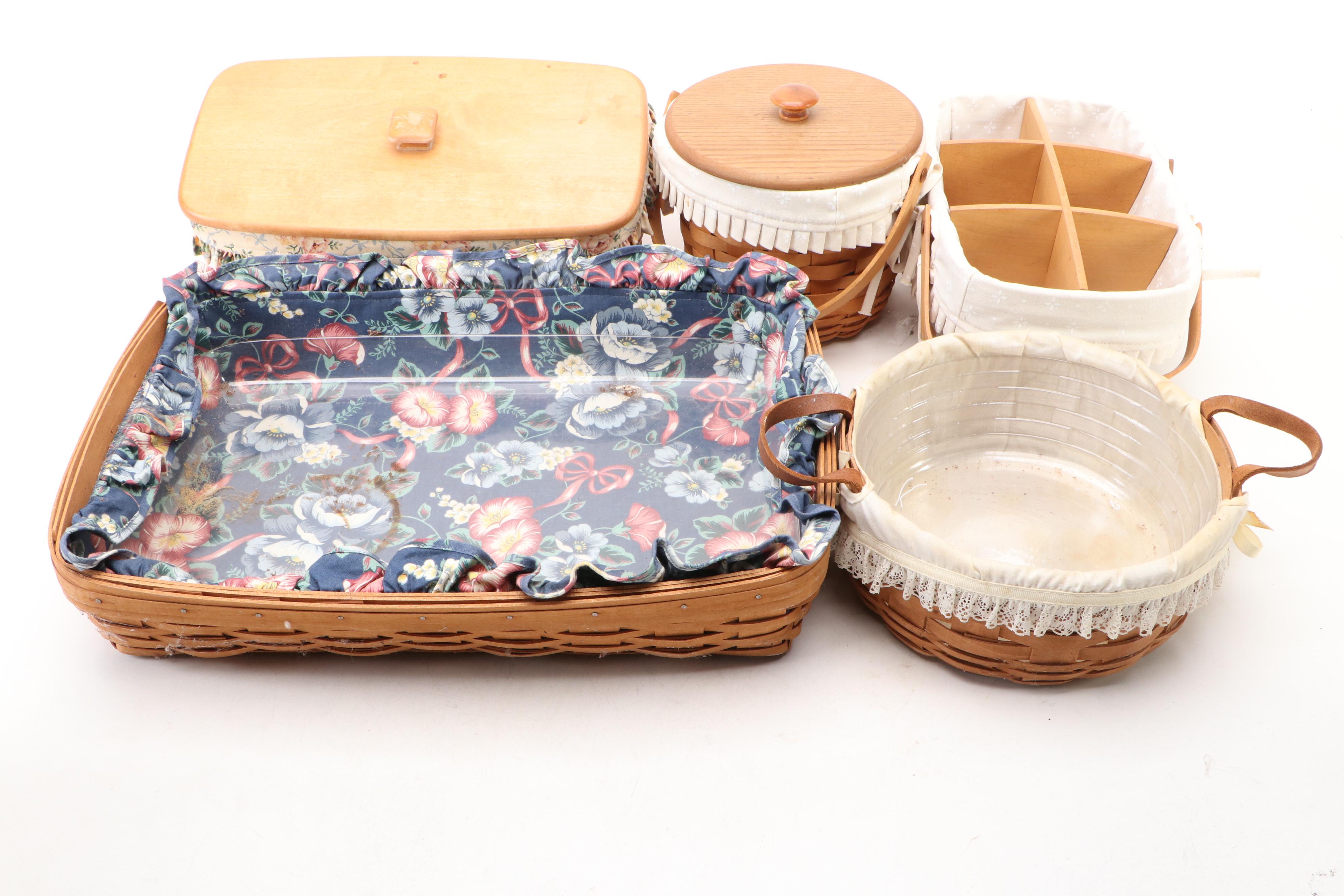 Longaberger and Other Wooden Baskets with Plastic and Fabric Insterts