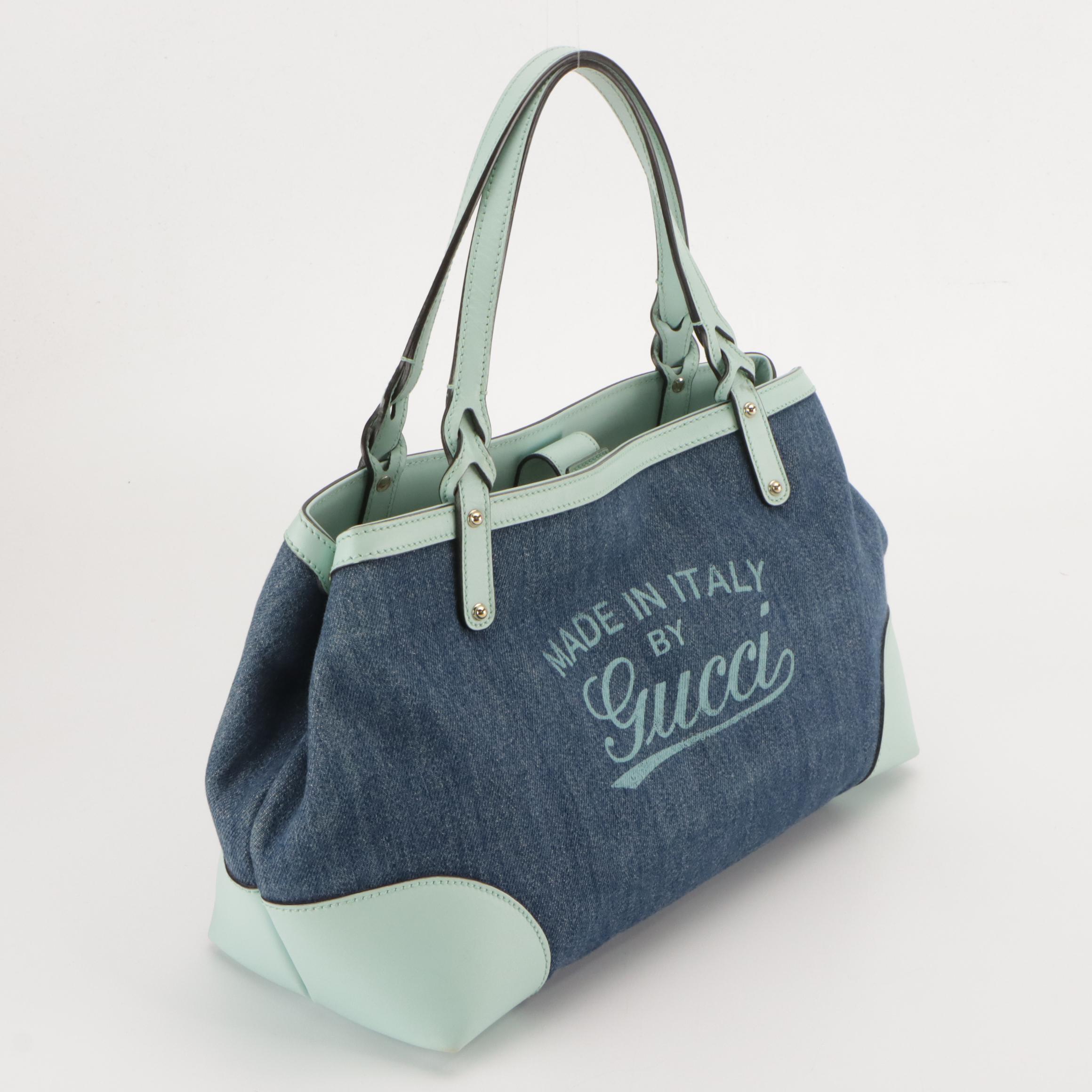 Gucci Craft Tote in Denim and Light Aqua Blue Calfskin Leather