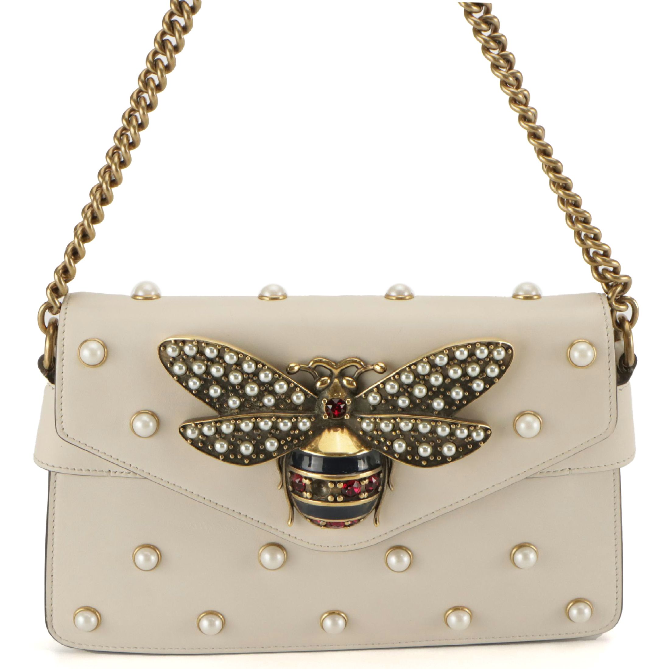 Gucci Queen Margaret Broadway Bee Embellished 2Way Bag in Ivory Calfskin Leather
