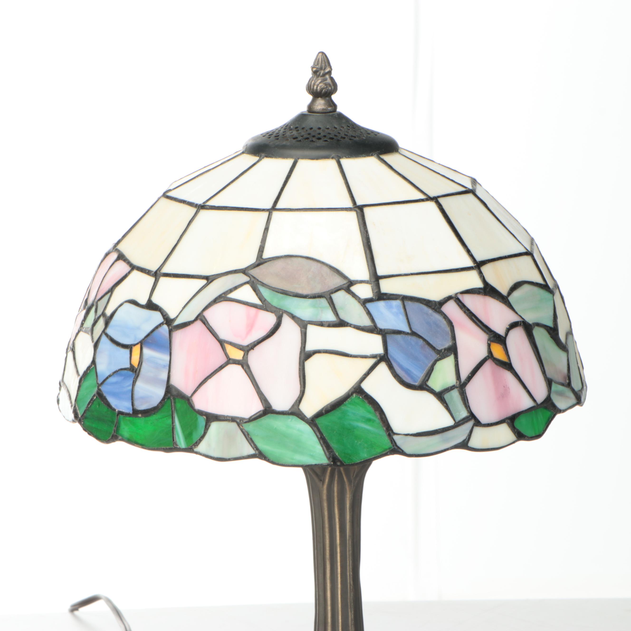 Art Nouveau Style Table Lamp with Morning Glory Slag Glass Shade
