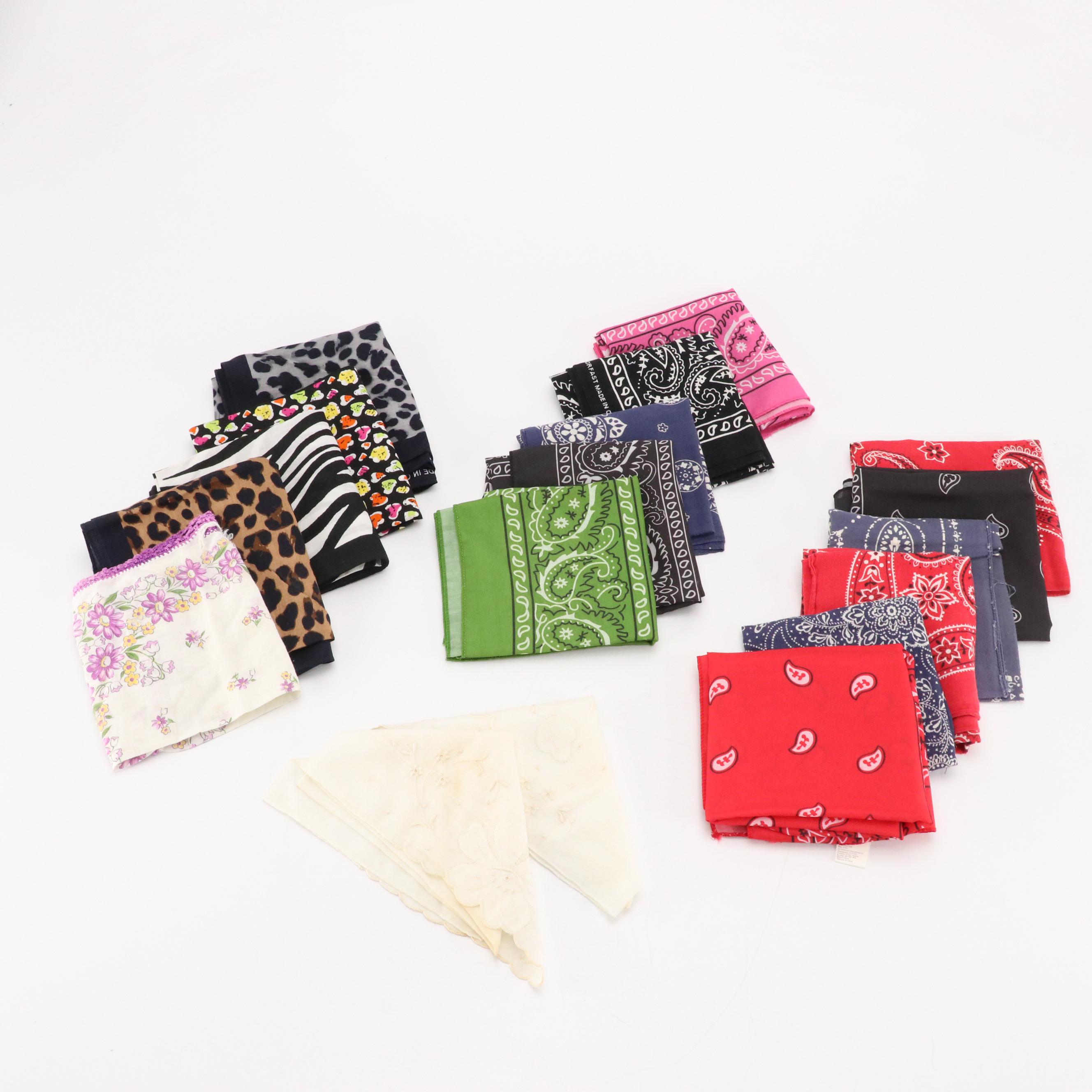 Assorted Color Bandanas with Embroidered and Crochet Knit Handkerchiefs