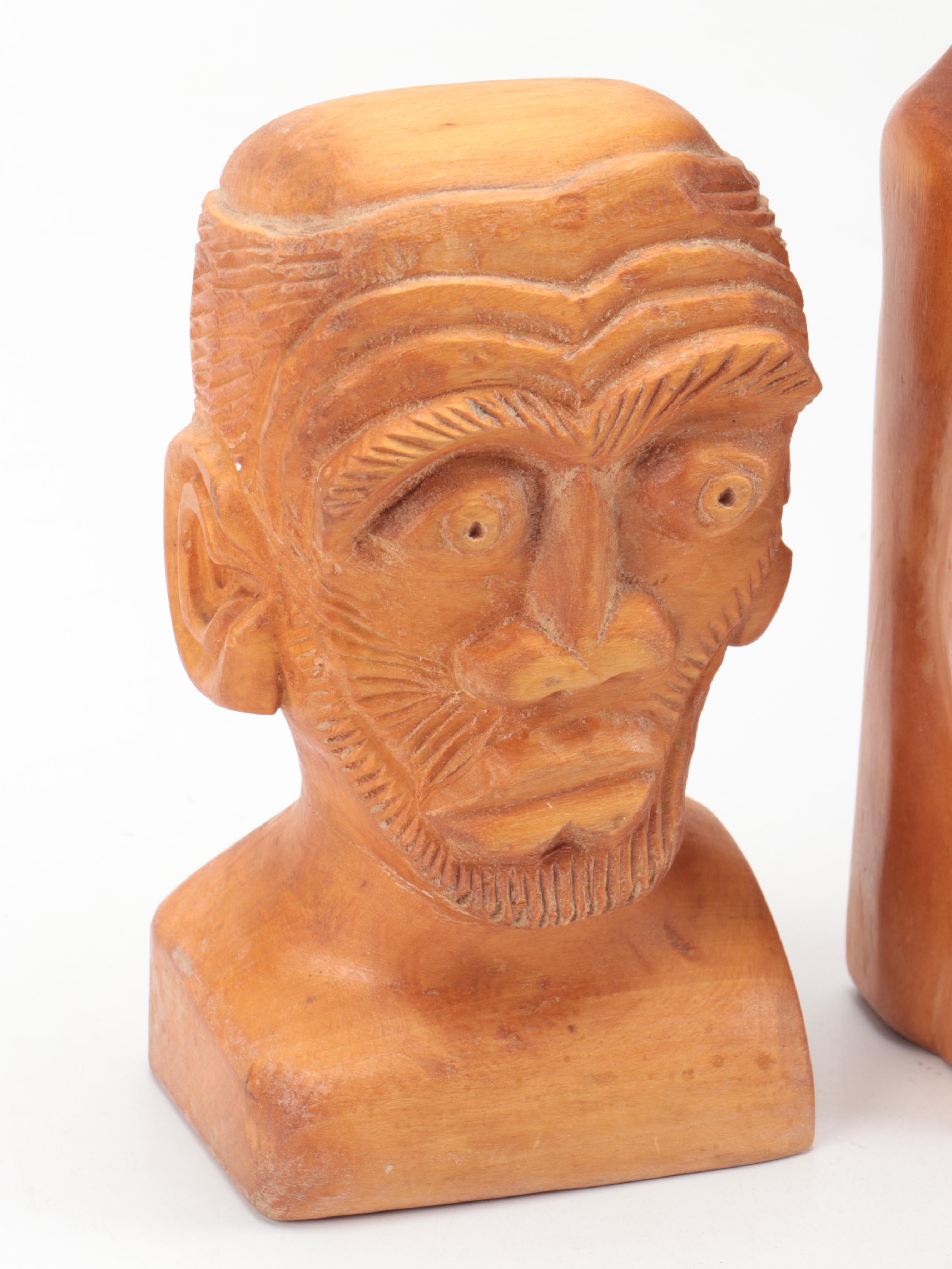 D.K. McNeal Signed Folk Art Style Hand-Carved Wood Busts