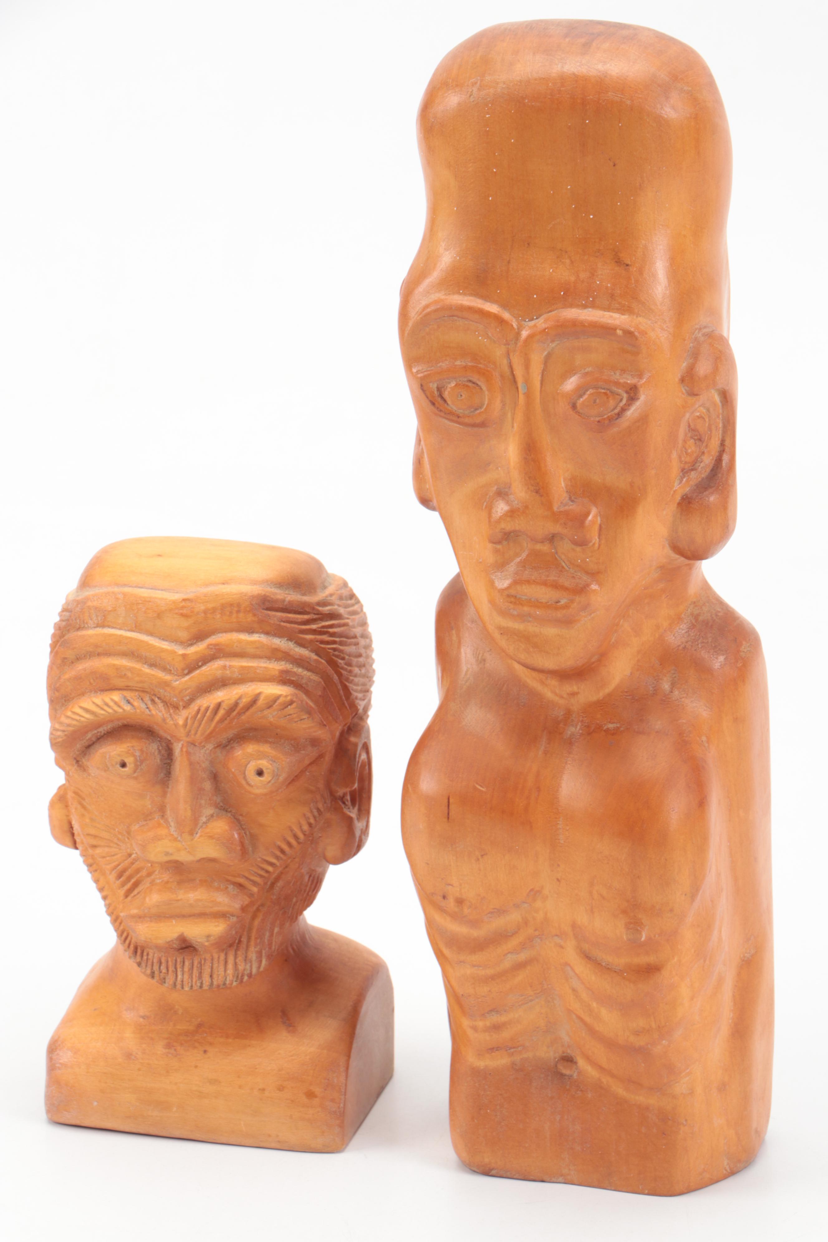 D.K. McNeal Signed Folk Art Style Hand-Carved Wood Busts