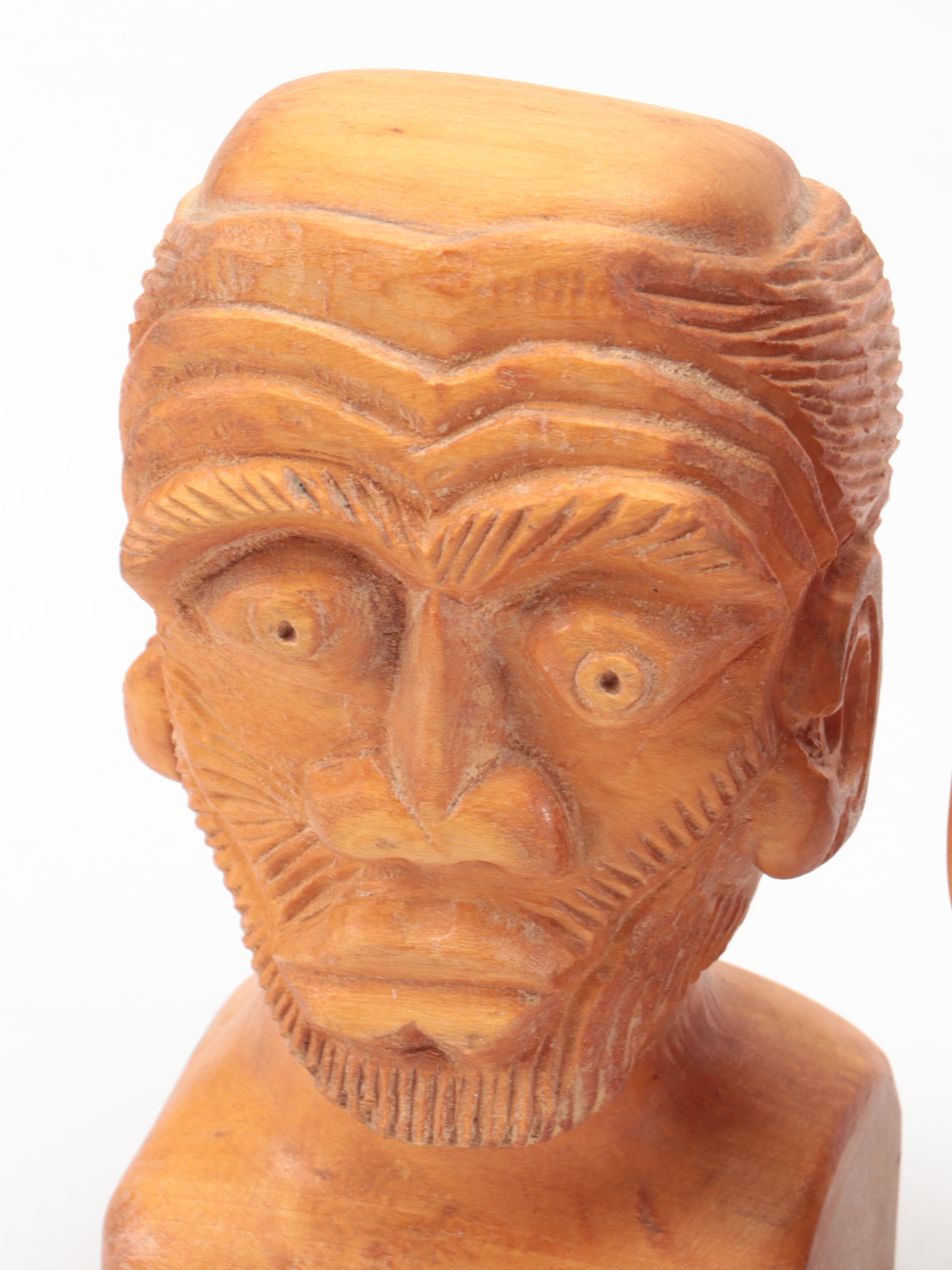 D.K. McNeal Signed Folk Art Style Hand-Carved Wood Busts