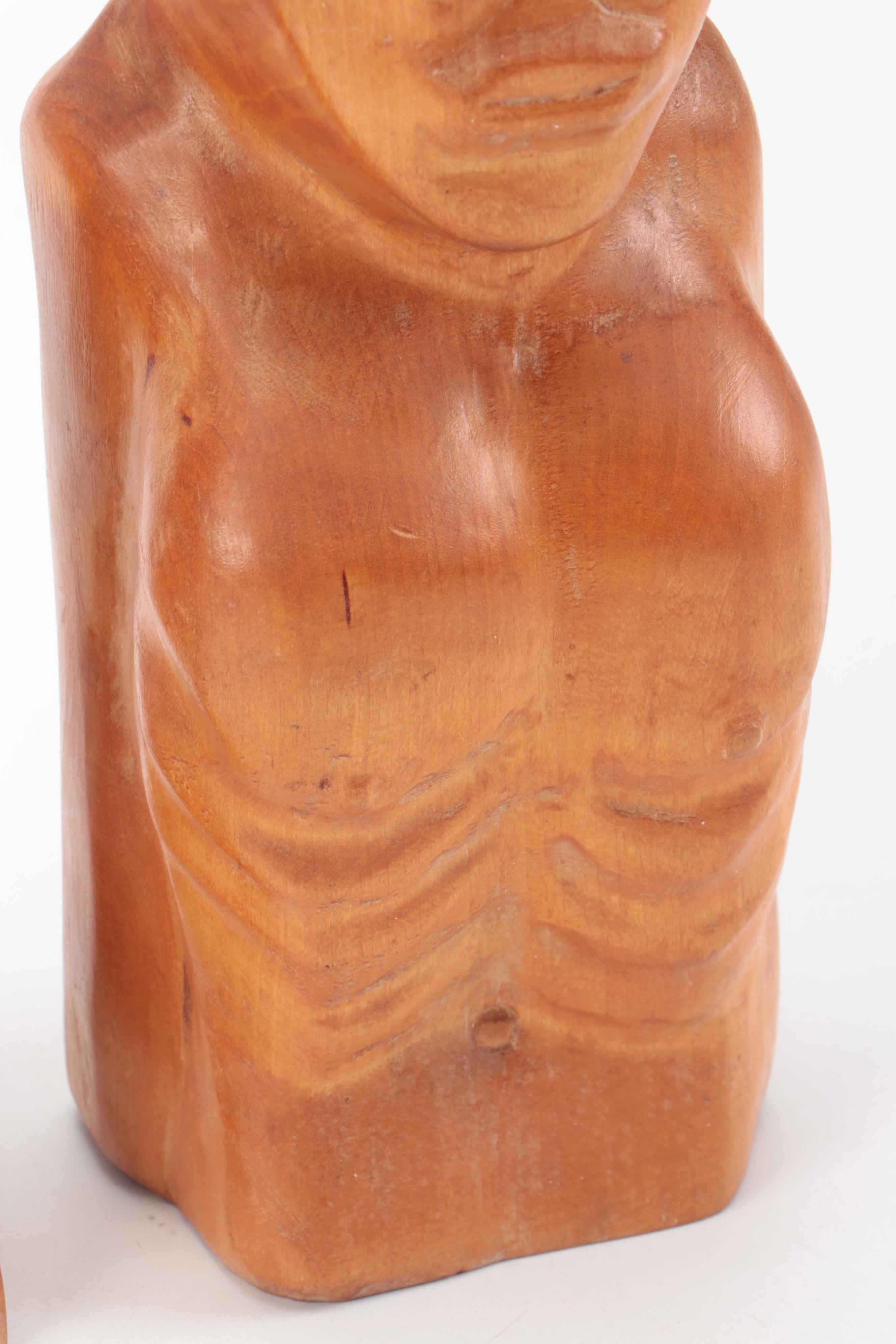 D.K. McNeal Signed Folk Art Style Hand-Carved Wood Busts