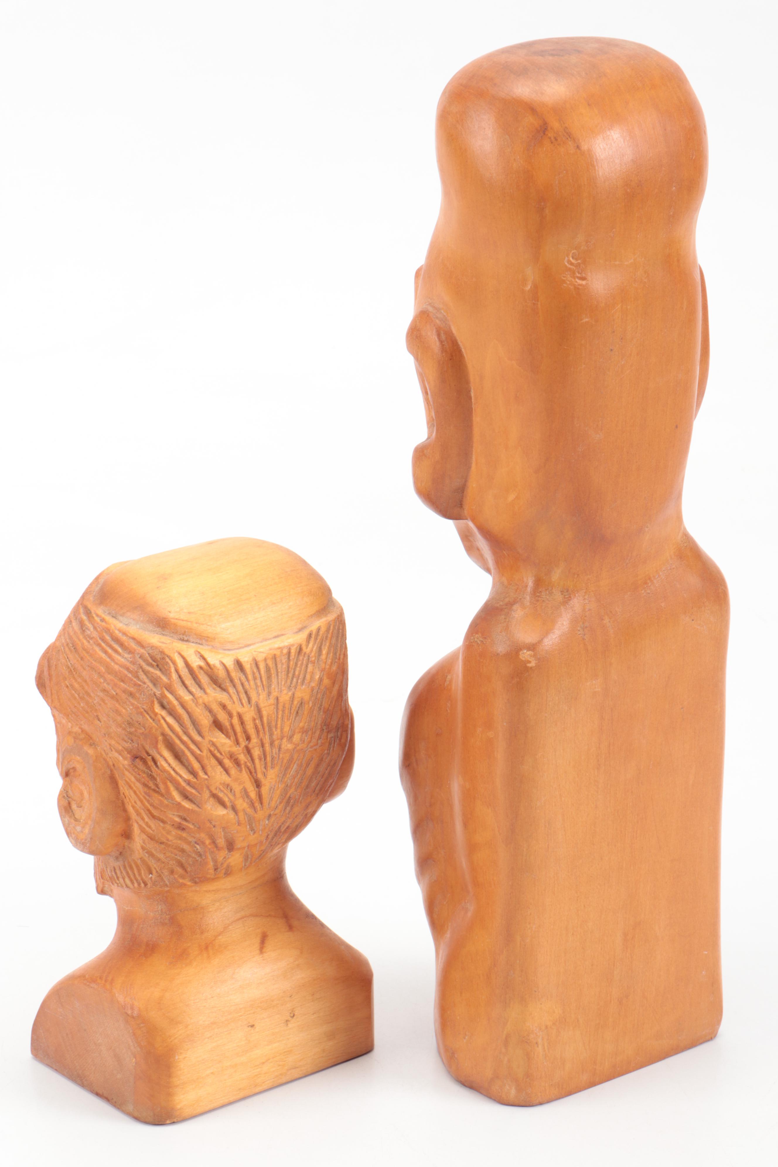 D.K. McNeal Signed Folk Art Style Hand-Carved Wood Busts