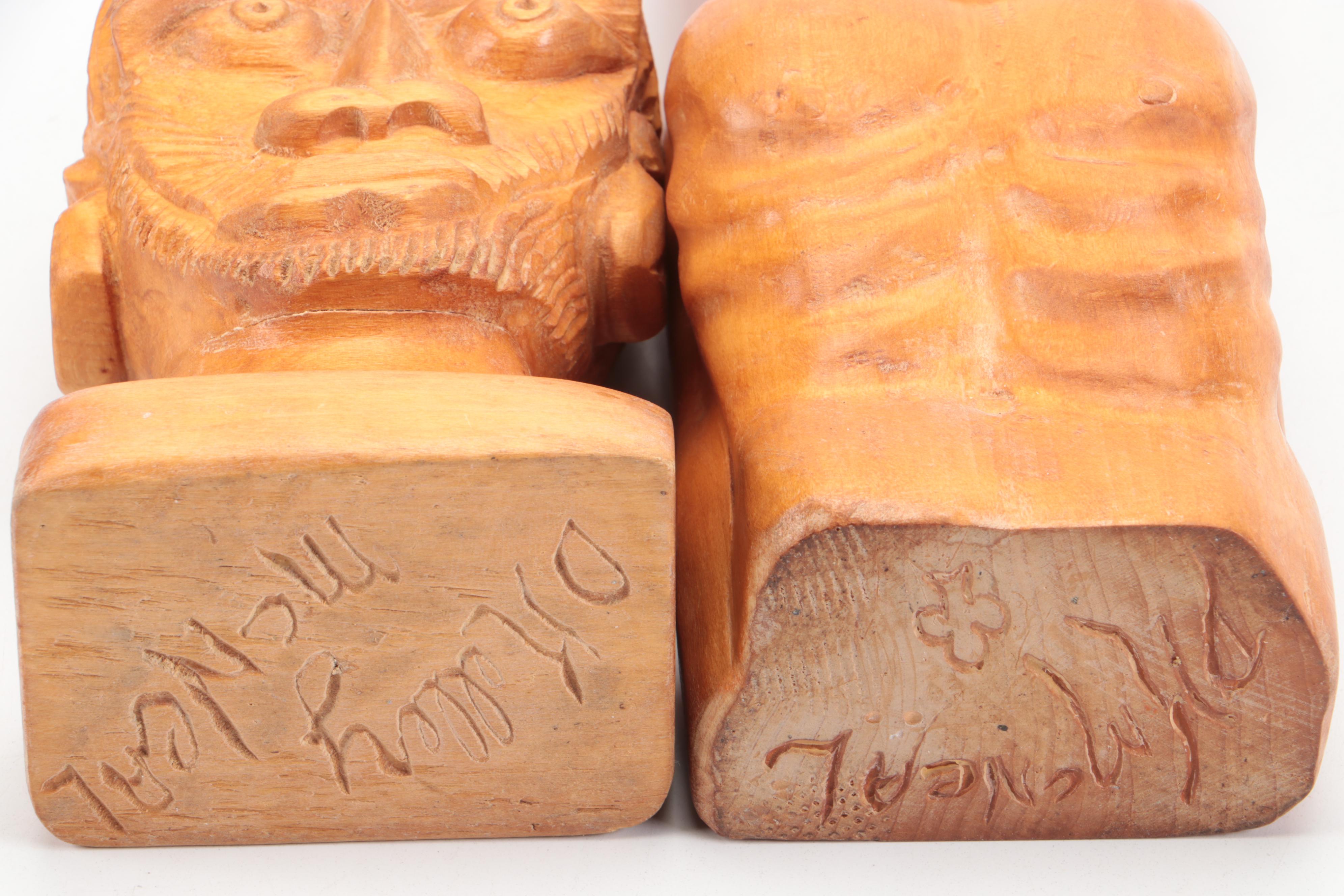 D.K. McNeal Signed Folk Art Style Hand-Carved Wood Busts