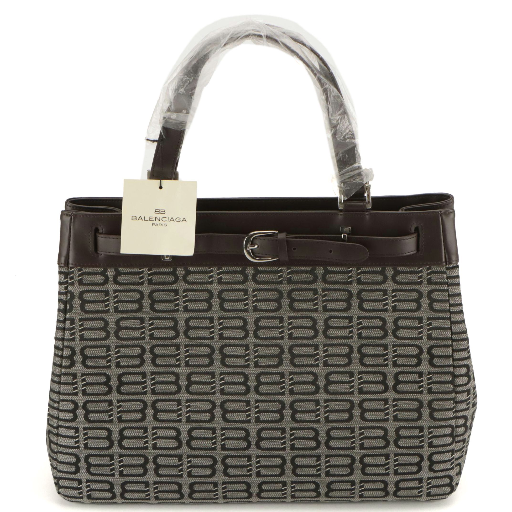 Balenciaga Belted Tote Bag in BB Logo Jacquard Canvas and Leather Trim