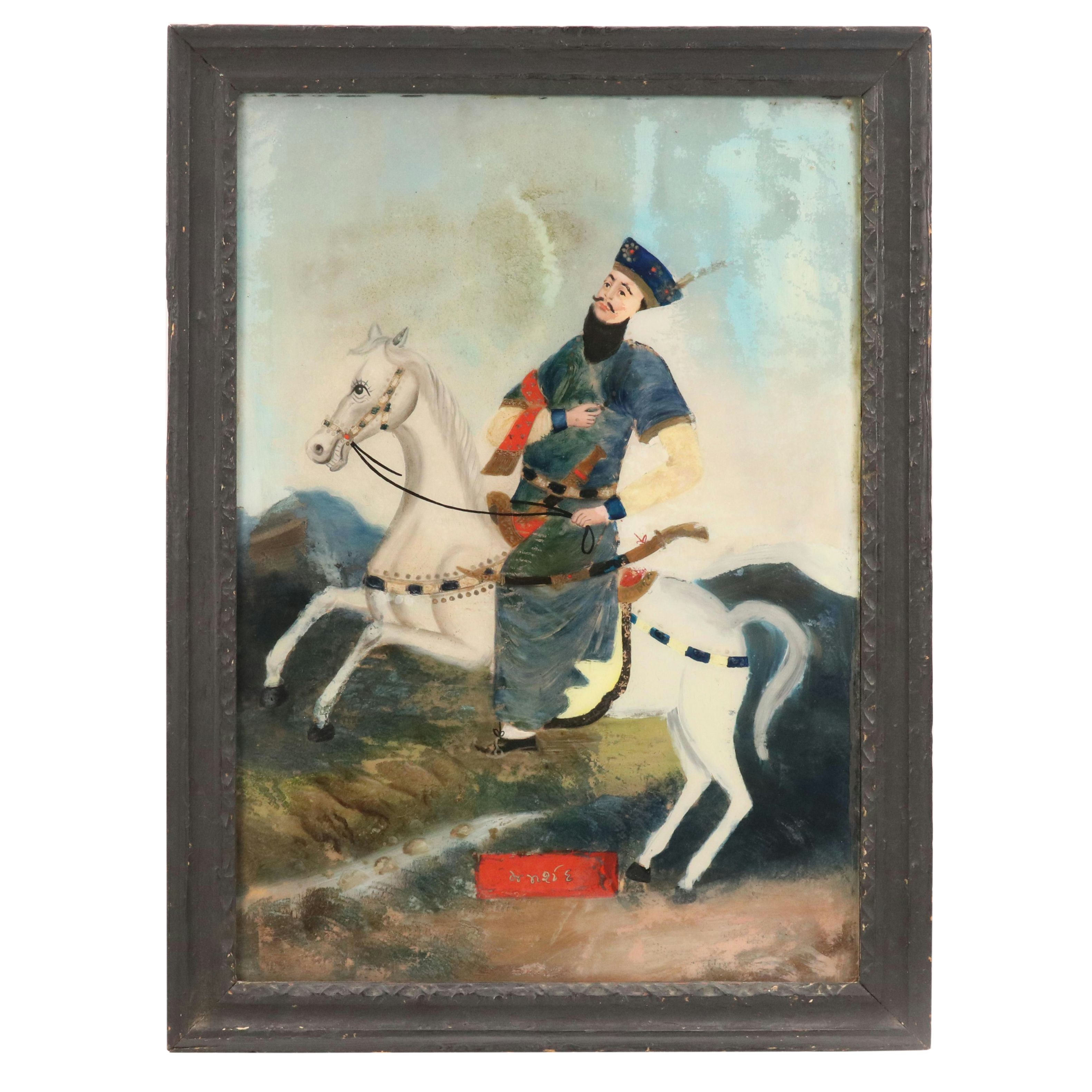 Antique Indian School Reverse Painting on Glass, 19th Century