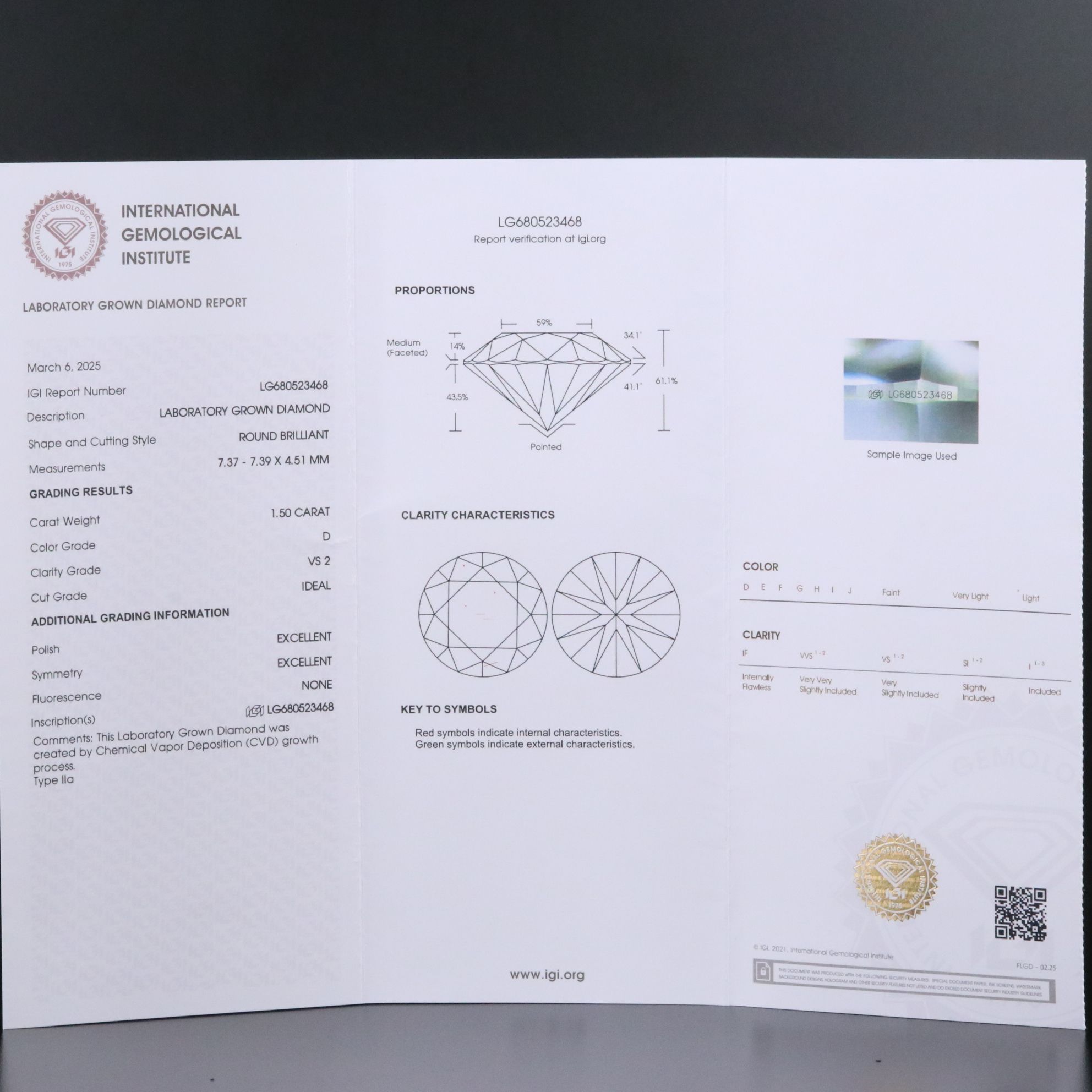 14K 1.50 CT Lab Grown Diamond Solitaire Pendant with IGI Report