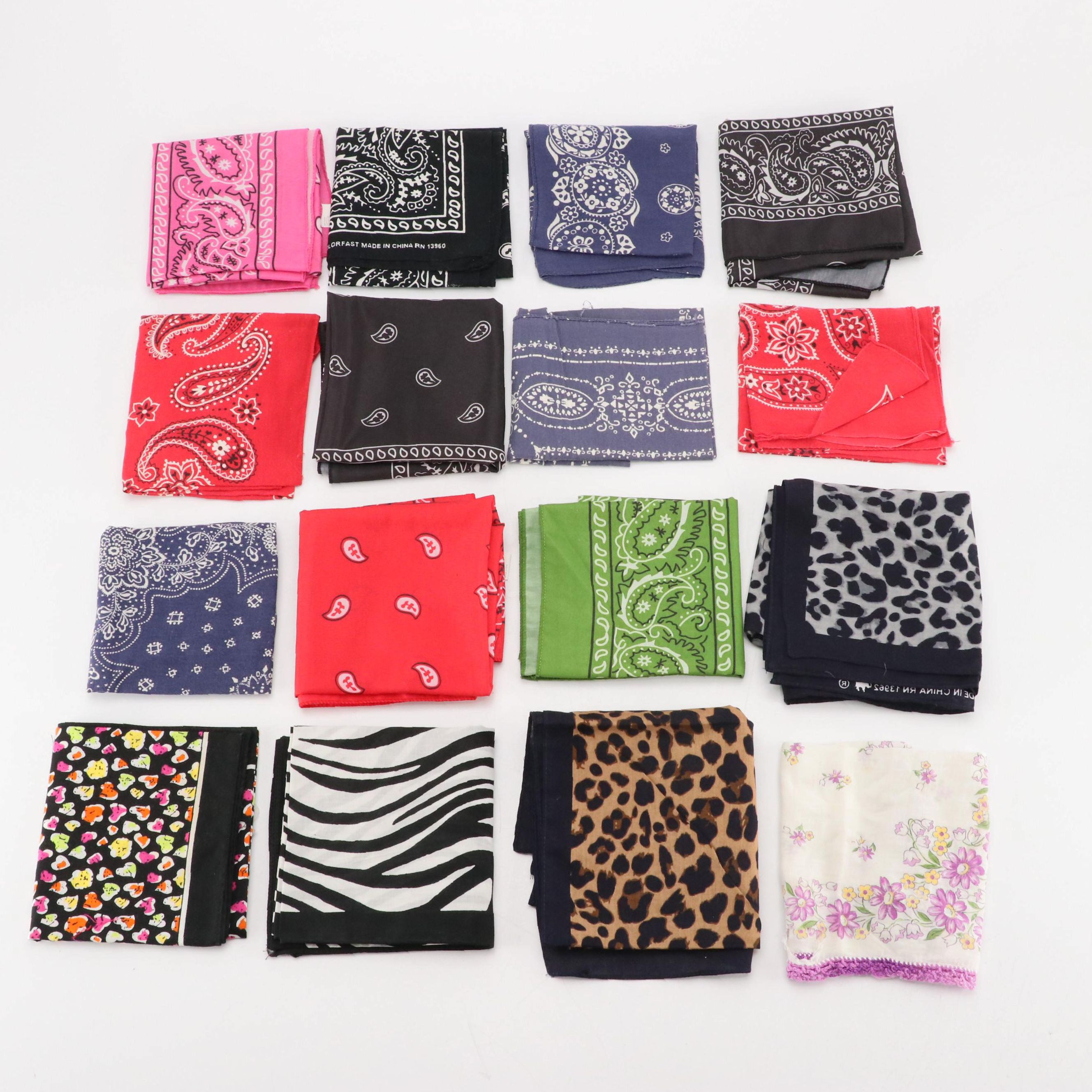 Assorted Color Bandanas with Embroidered and Crochet Knit Handkerchiefs