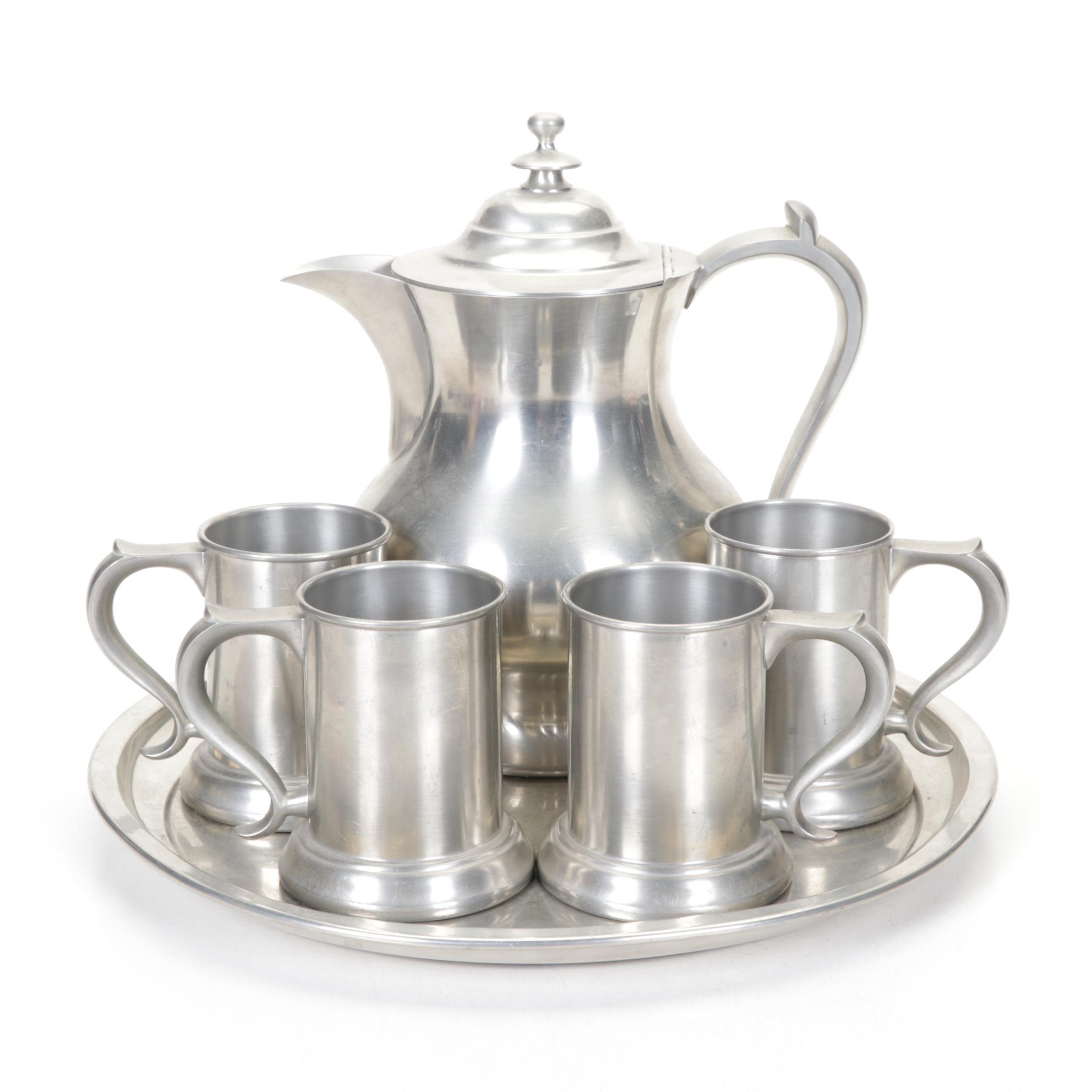 Reed & Barton Rufus Dunham Reproduction Pewter Pitcher with Tumblers and Tray