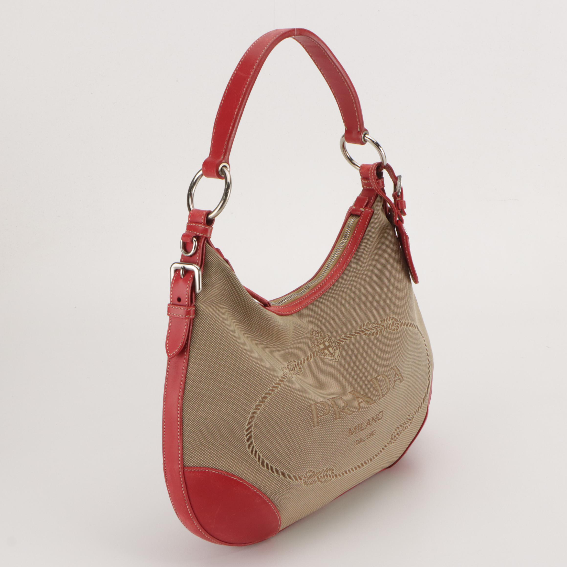 Prada Canapa Hobo Shoulder Bag in Beige Canvas and Cherry Red Leather Trim