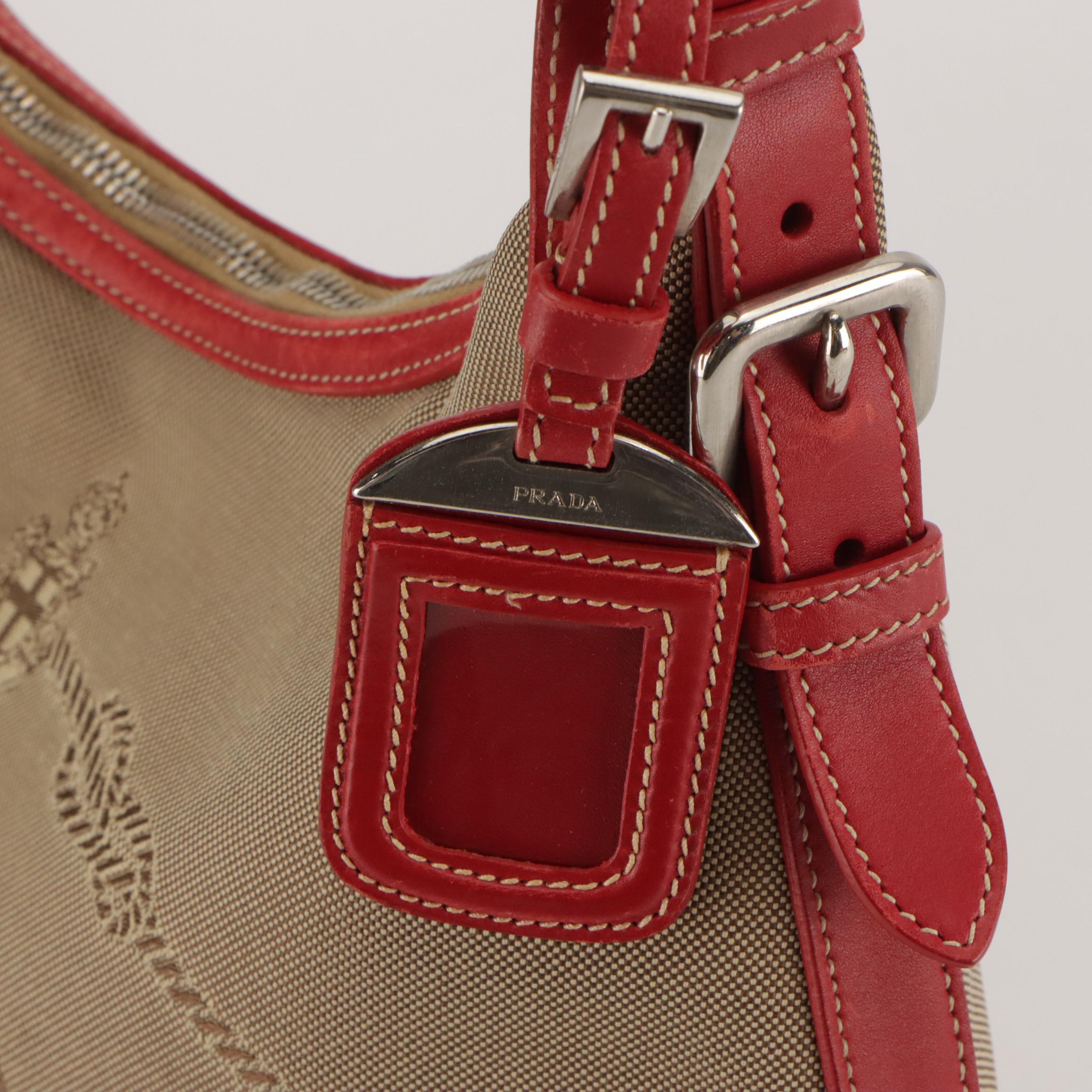 Prada Canapa Hobo Shoulder Bag in Beige Canvas and Cherry Red Leather Trim