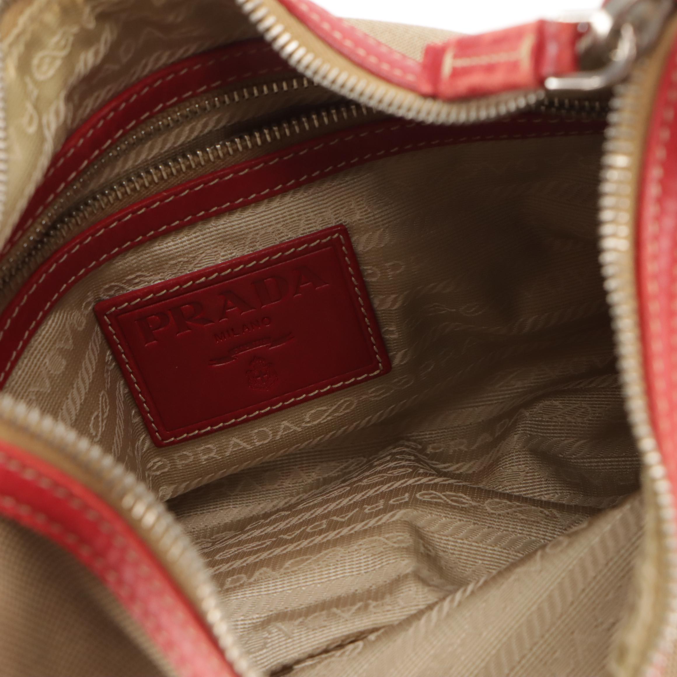 Prada Canapa Hobo Shoulder Bag in Beige Canvas and Cherry Red Leather Trim