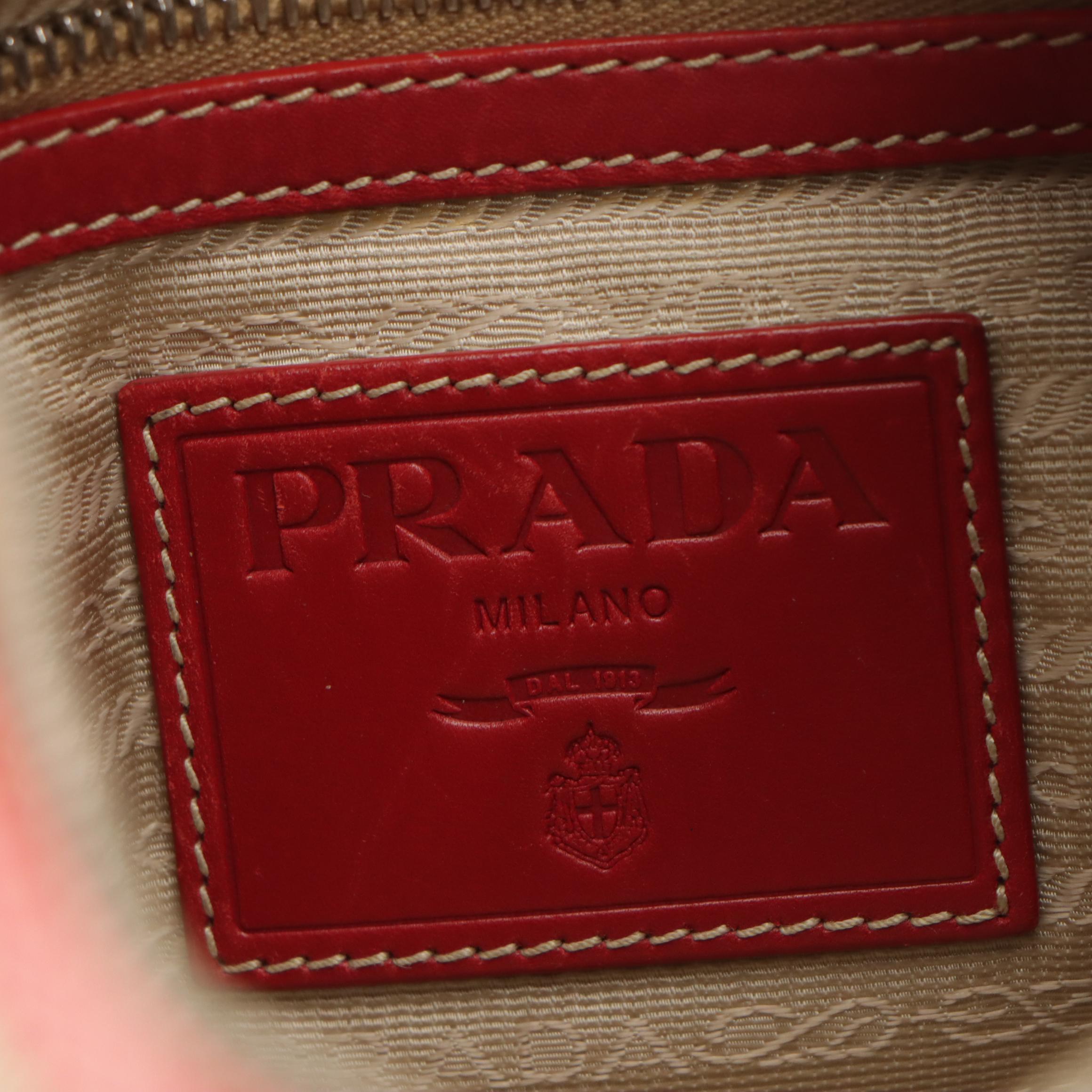 Prada Canapa Hobo Shoulder Bag in Beige Canvas and Cherry Red Leather Trim