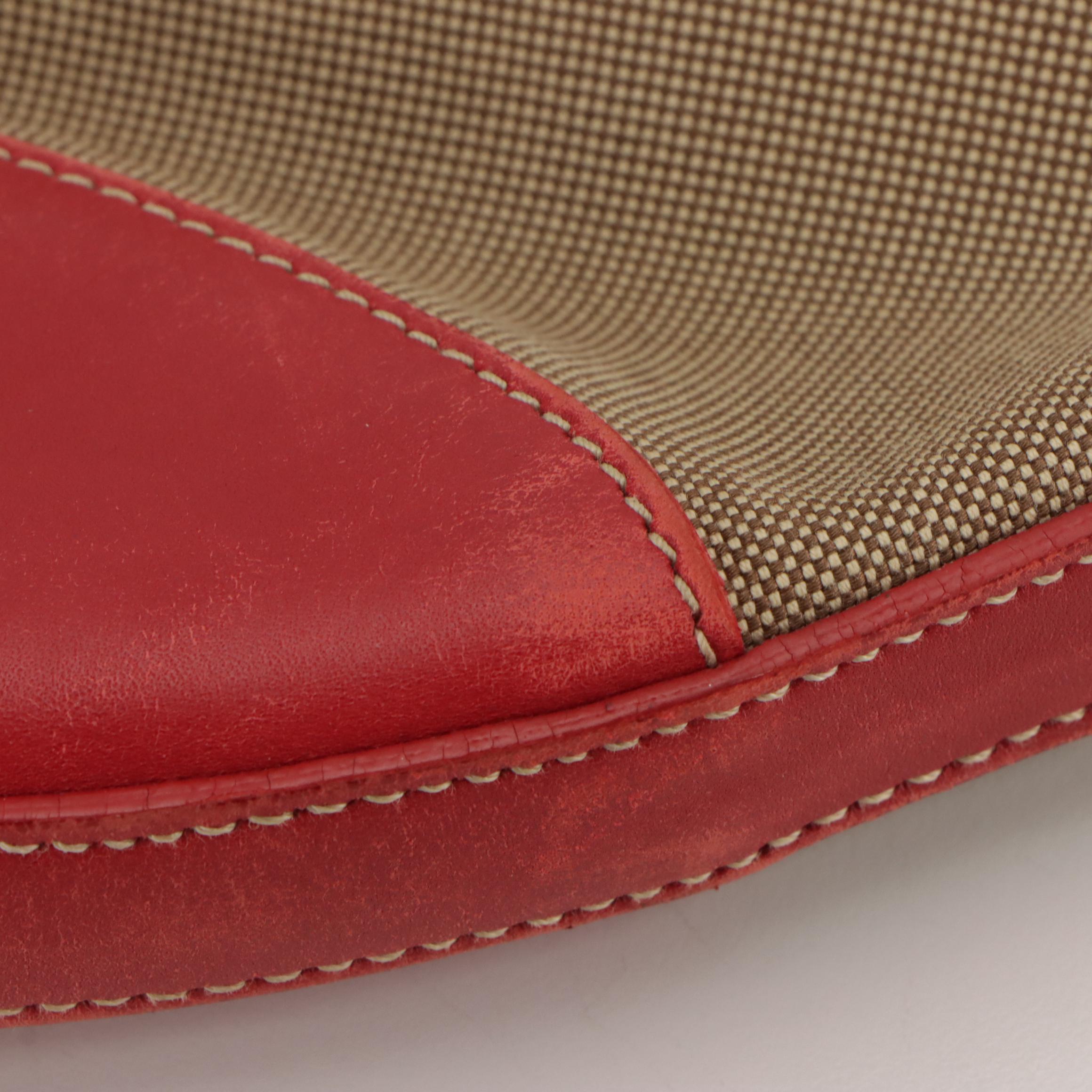 Prada Canapa Hobo Shoulder Bag in Beige Canvas and Cherry Red Leather Trim