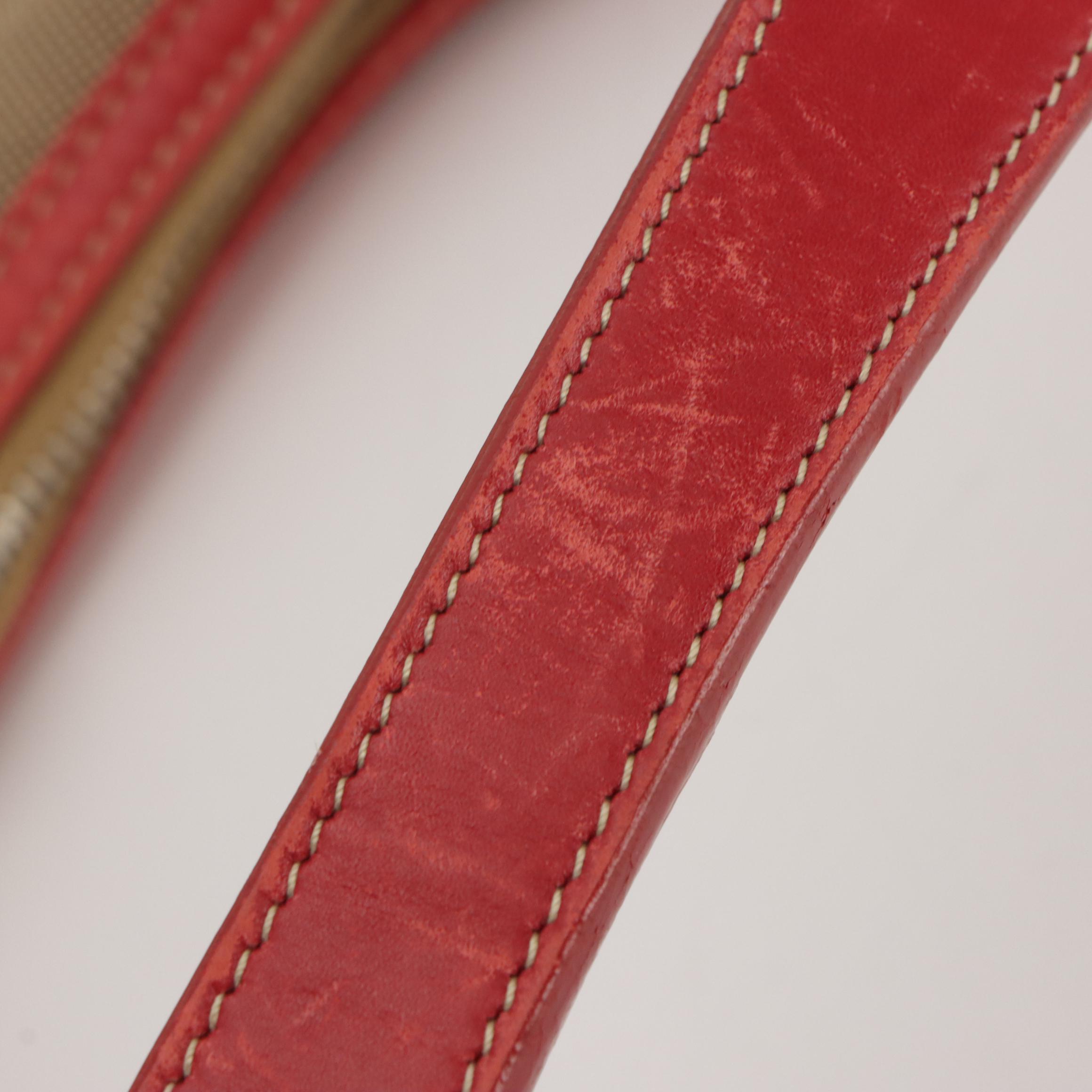 Prada Canapa Hobo Shoulder Bag in Beige Canvas and Cherry Red Leather Trim