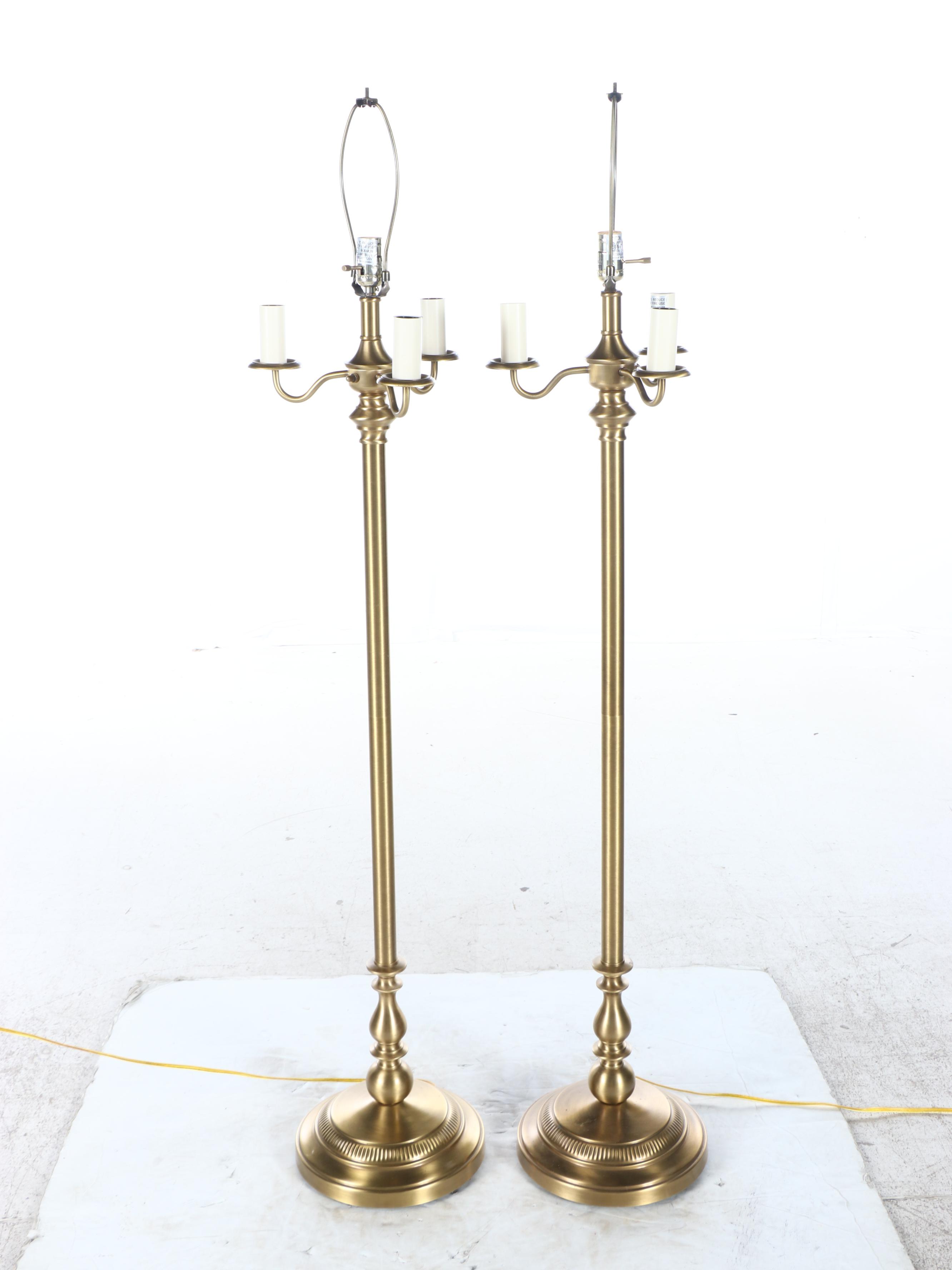 Neoclassical Style Brushed Brass Bouillotte Floor Lamps with Silk Shades, 21st C
