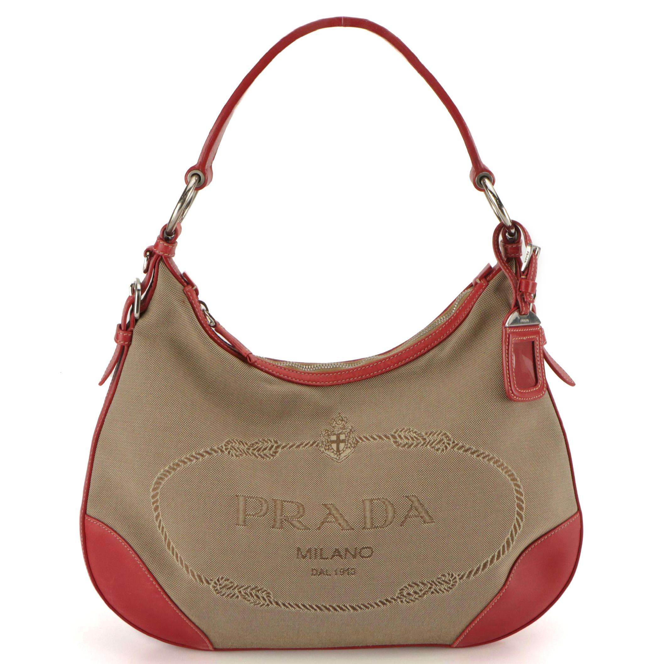 Prada Canapa Hobo Shoulder Bag in Beige Canvas and Cherry Red Leather Trim