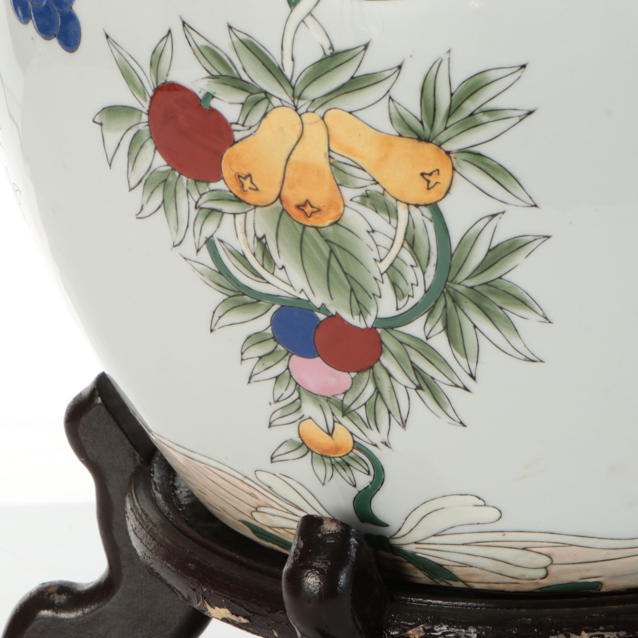Chinese Hand-Decorated Porcelain Fishbowl Planter with Stand