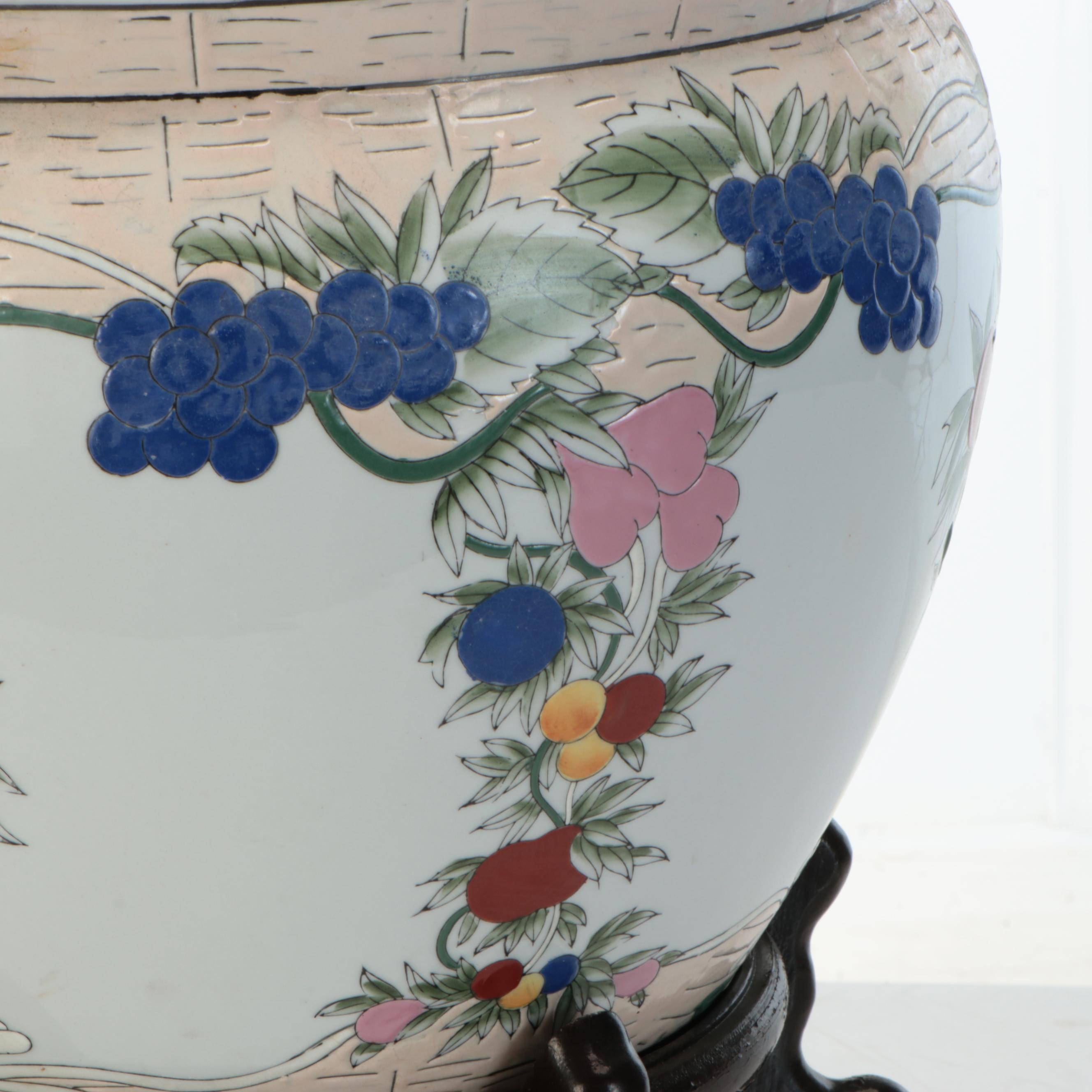 Chinese Hand-Decorated Porcelain Fishbowl Planter with Stand