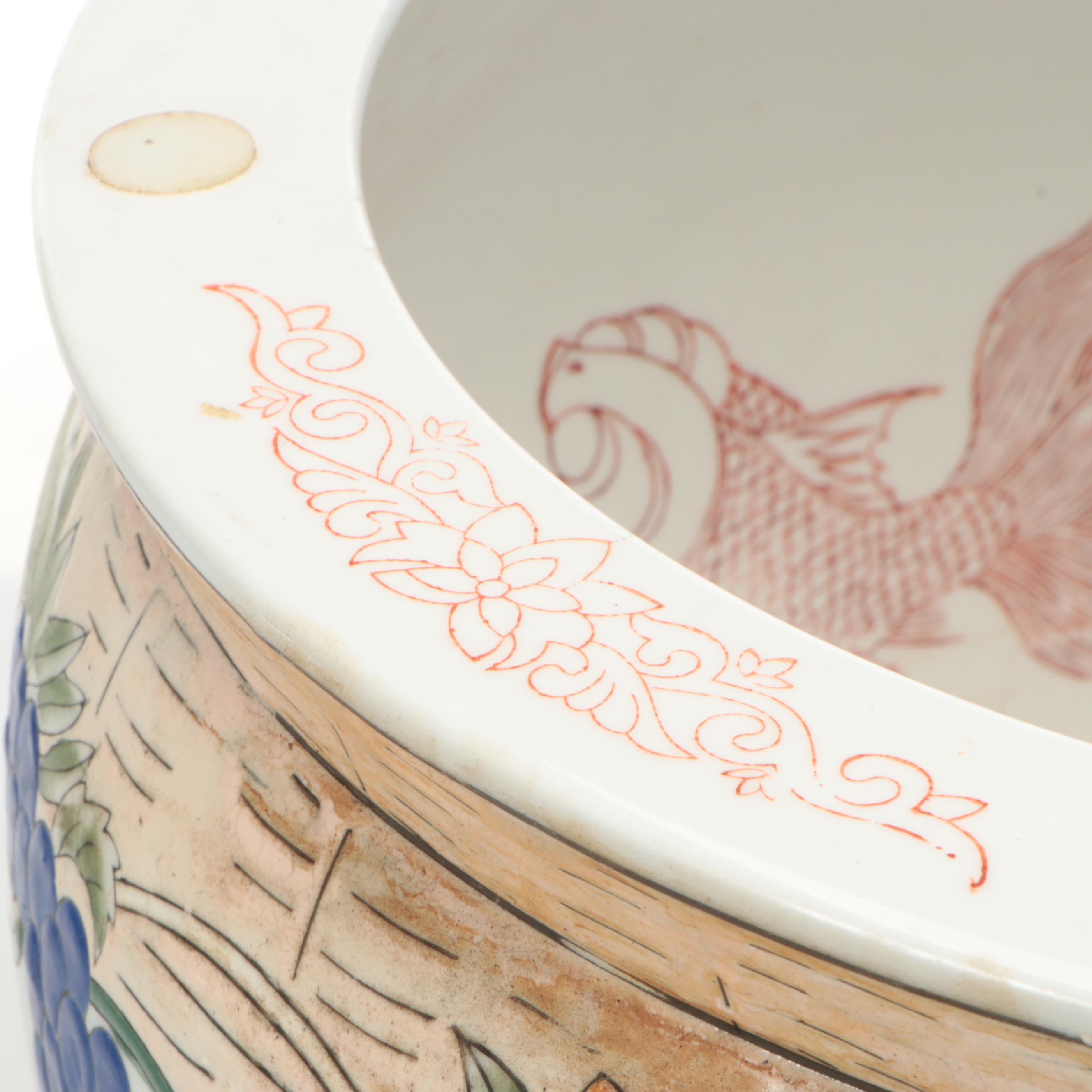 Chinese Hand-Decorated Porcelain Fishbowl Planter with Stand