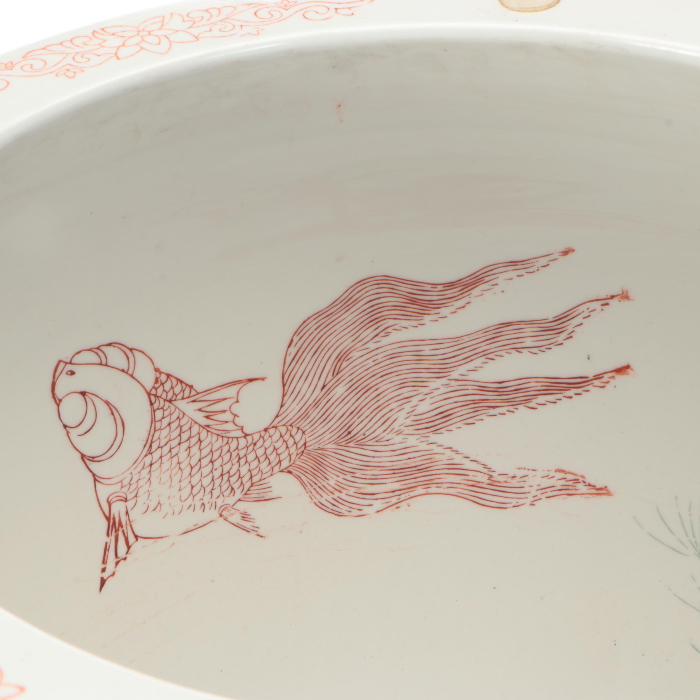 Chinese Hand-Decorated Porcelain Fishbowl Planter with Stand