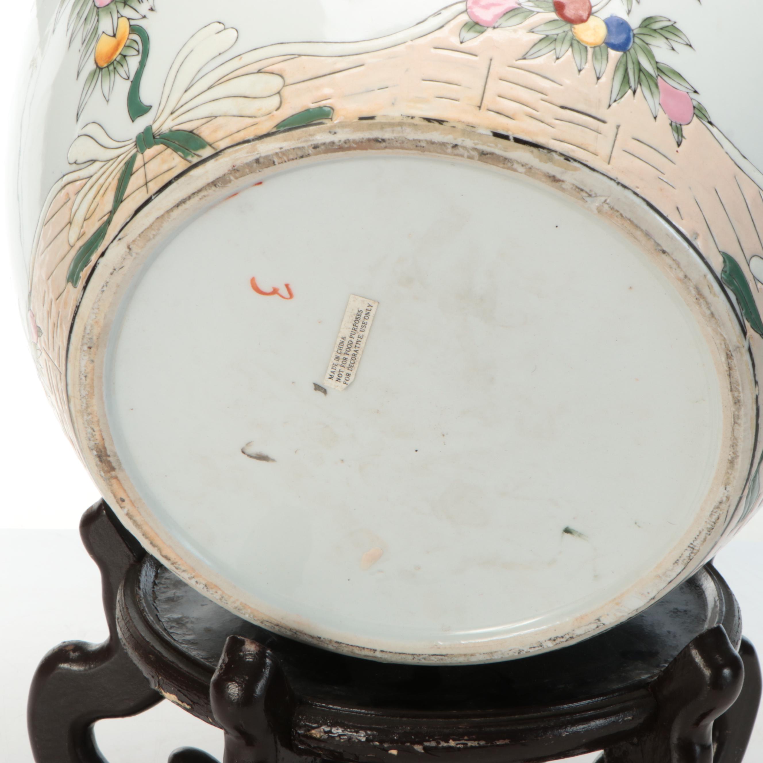 Chinese Hand-Decorated Porcelain Fishbowl Planter with Stand