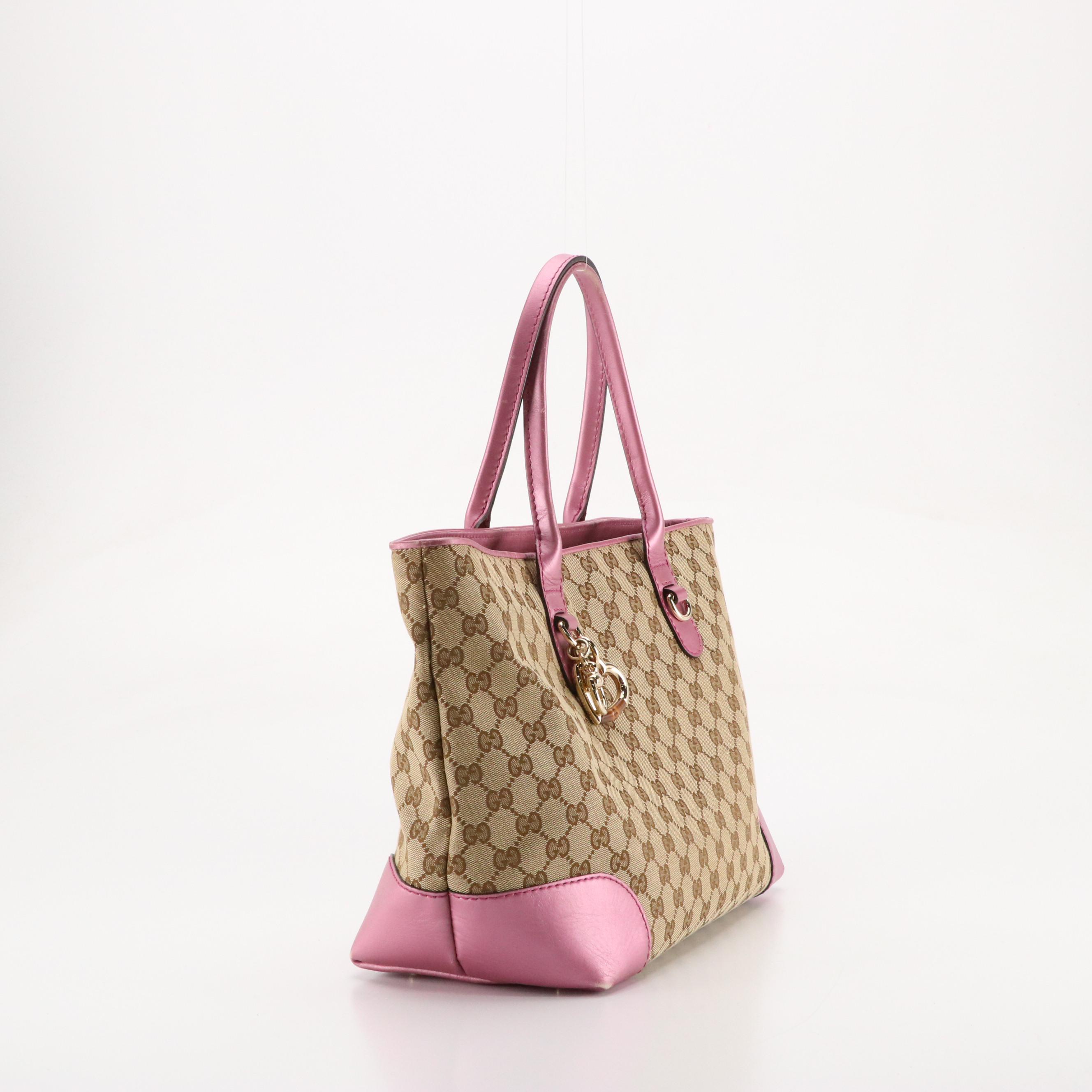 Gucci Bamboo Heart-Bit Tote in GG Canvas and Metallic Pink Leather Trim