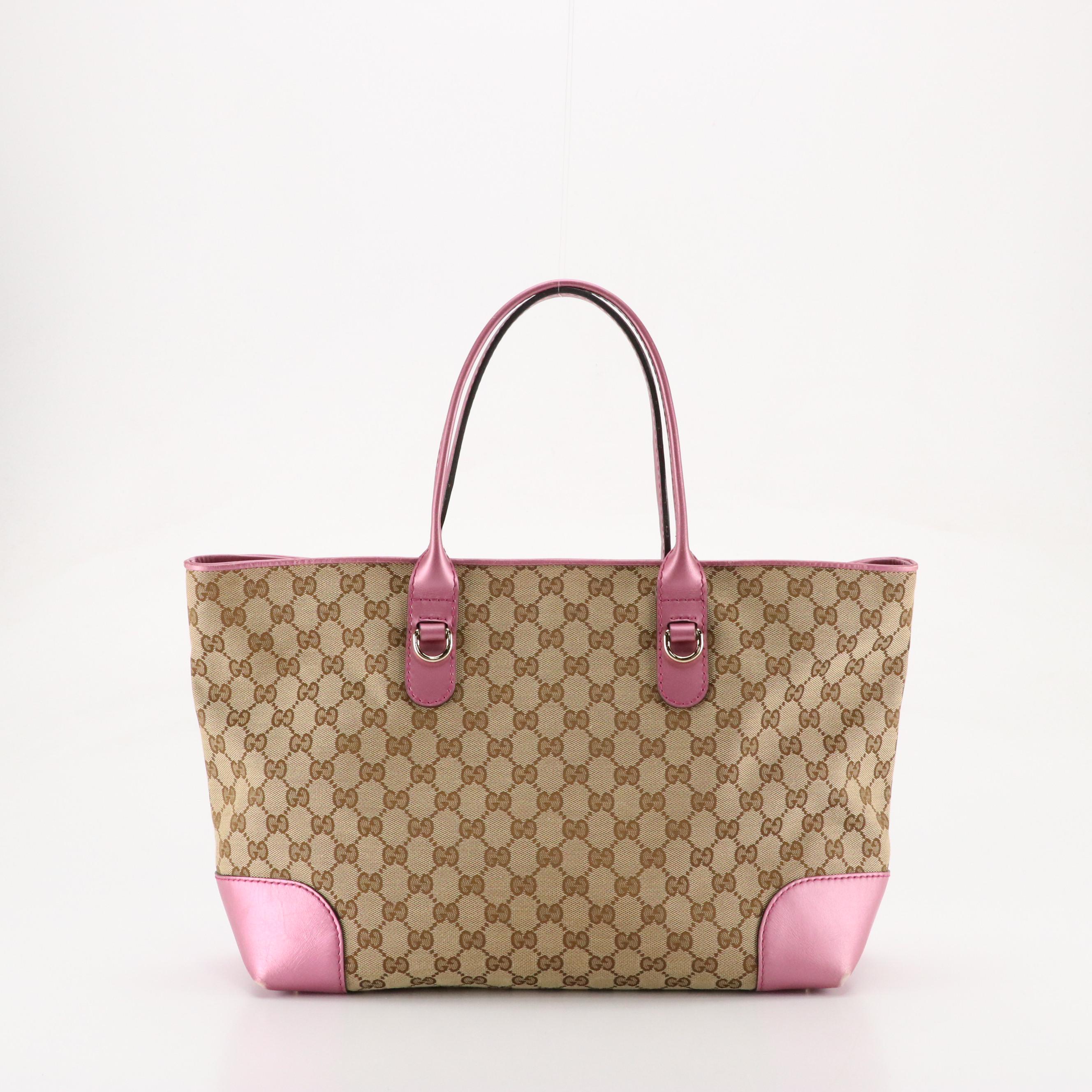 Gucci Bamboo Heart-Bit Tote in GG Canvas and Metallic Pink Leather Trim