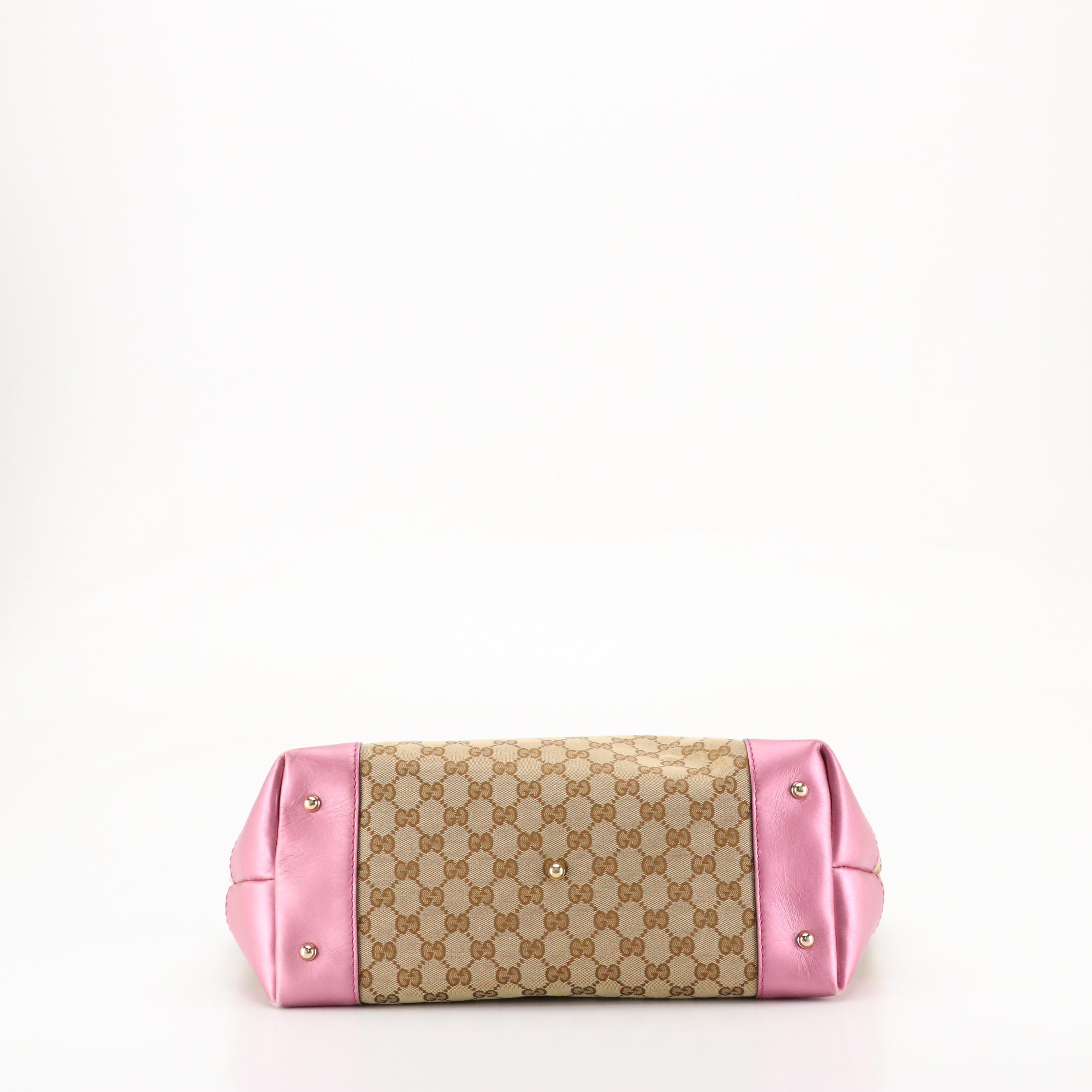 Gucci Bamboo Heart-Bit Tote in GG Canvas and Metallic Pink Leather Trim
