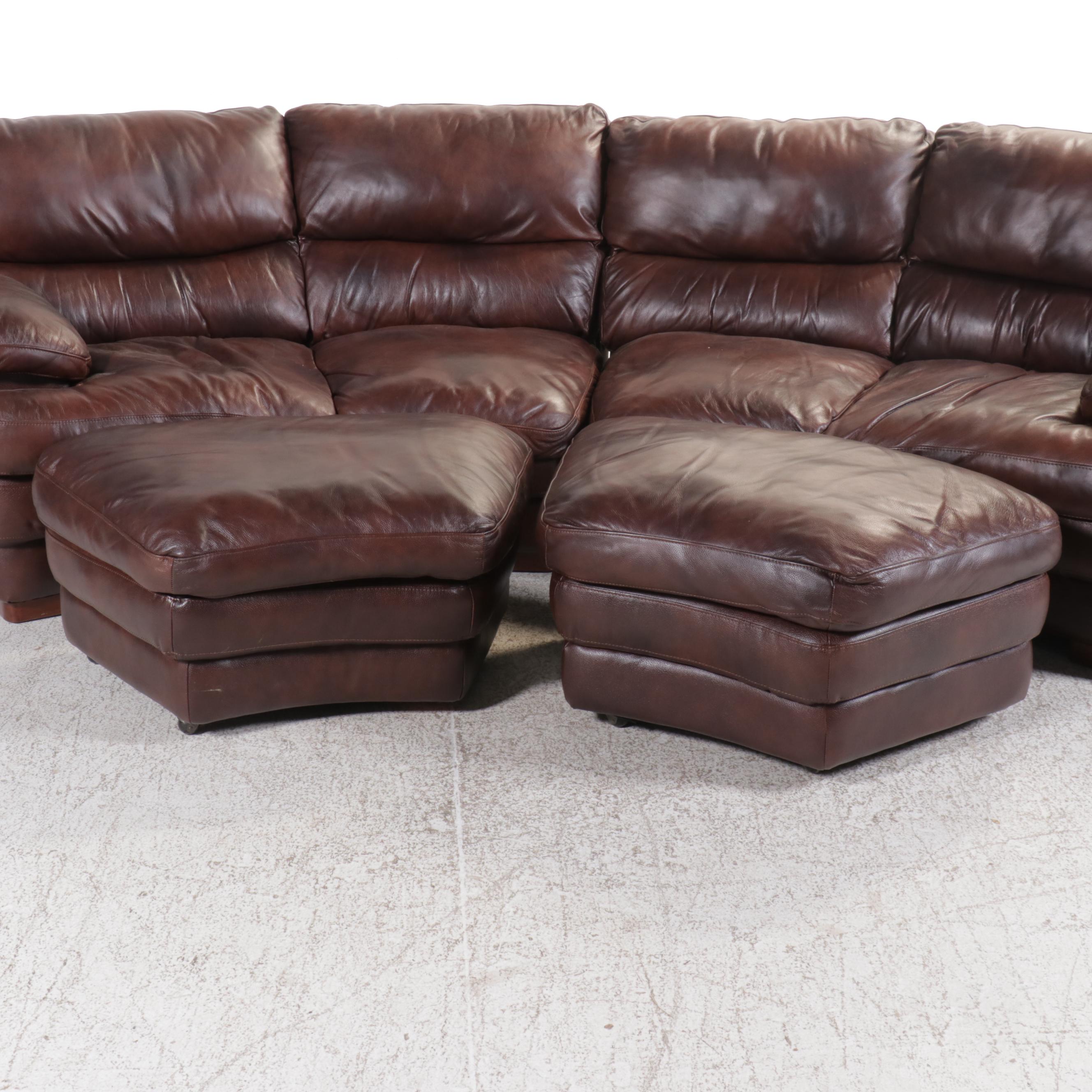 Curved Leather Sectional Sofa with Two Ottomans, 21st Century