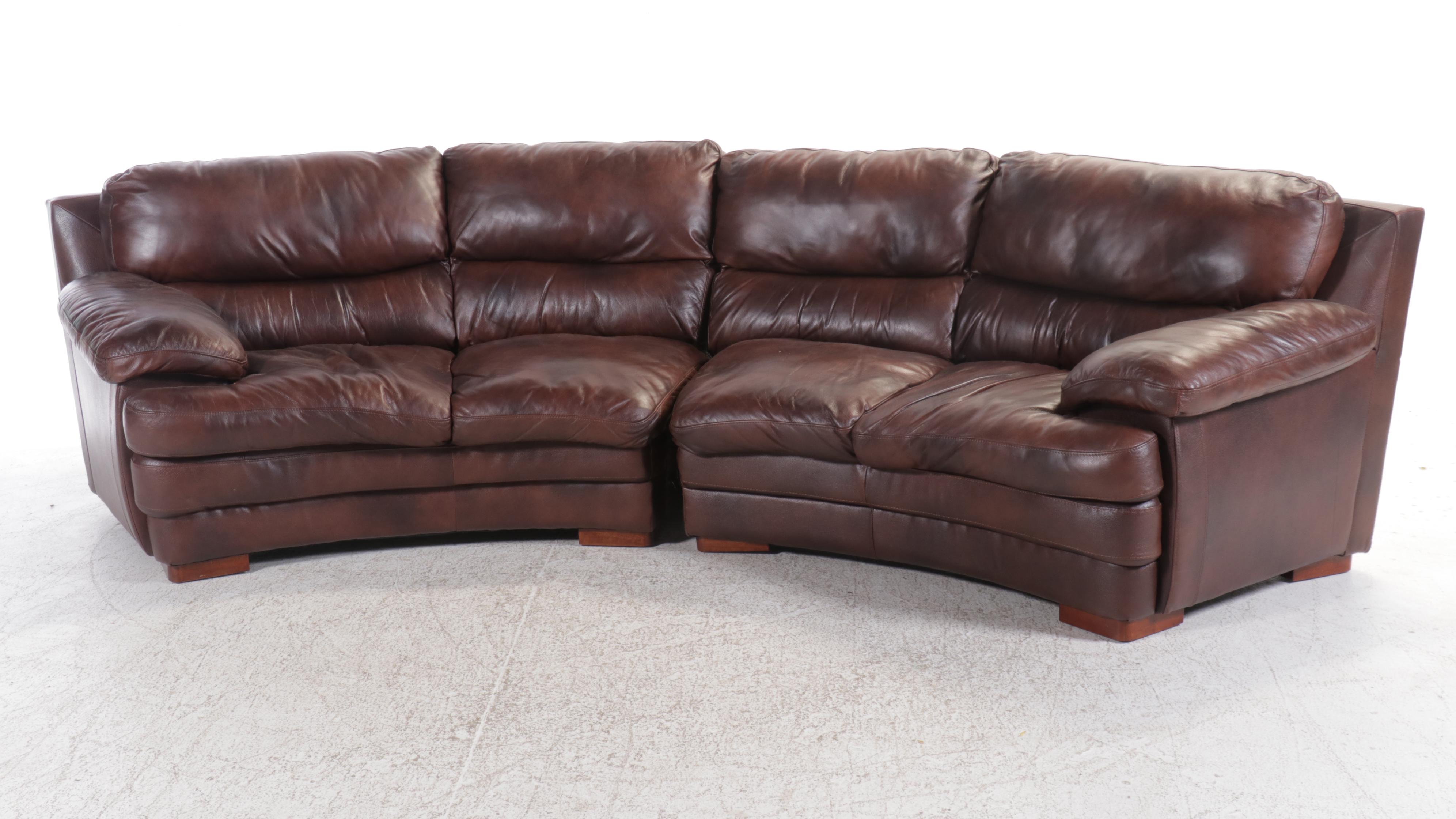 Curved Leather Sectional Sofa with Two Ottomans, 21st Century