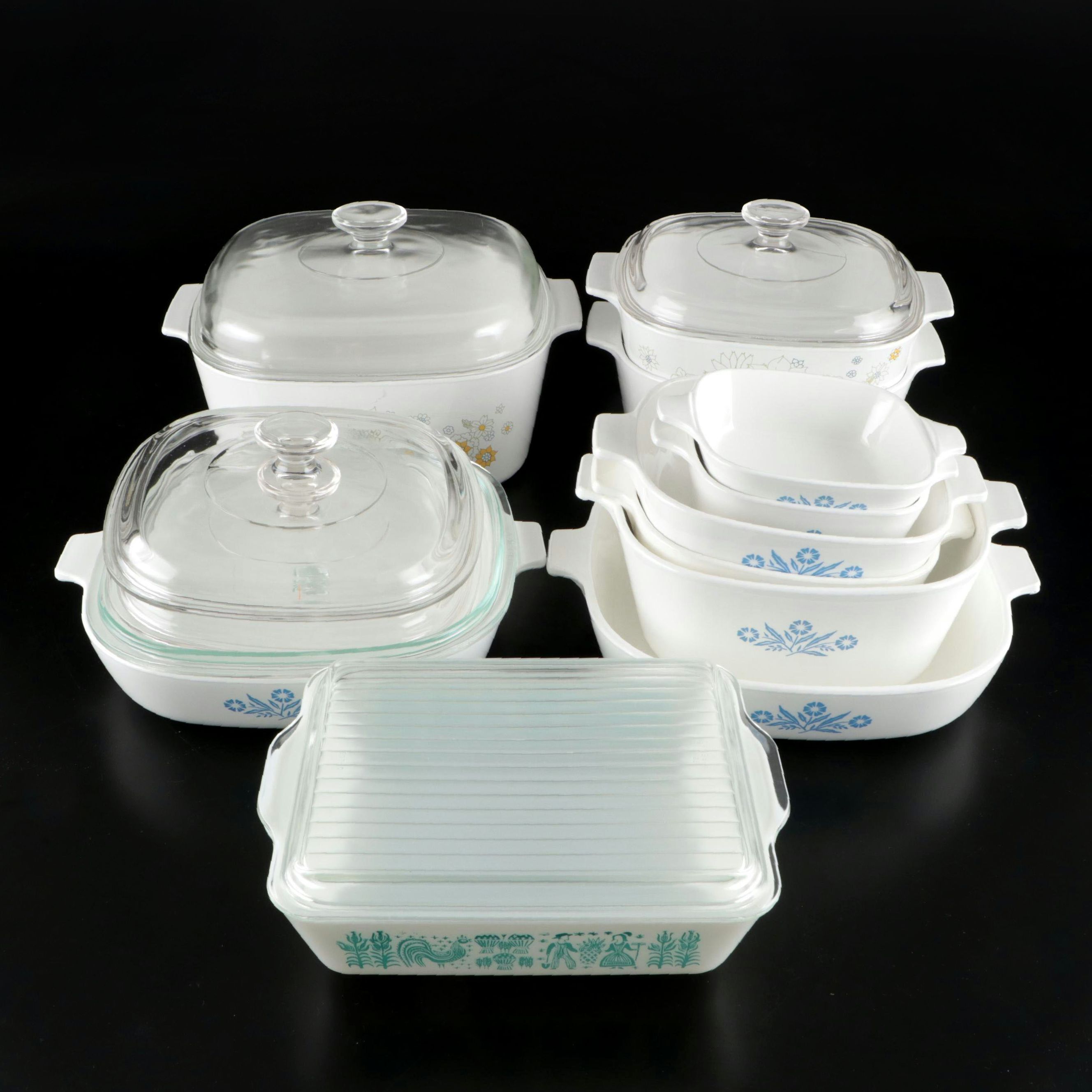 Pyrex "Floral Bouquet" and "Blue Cornflower" Glass and Ceramic Bakeware