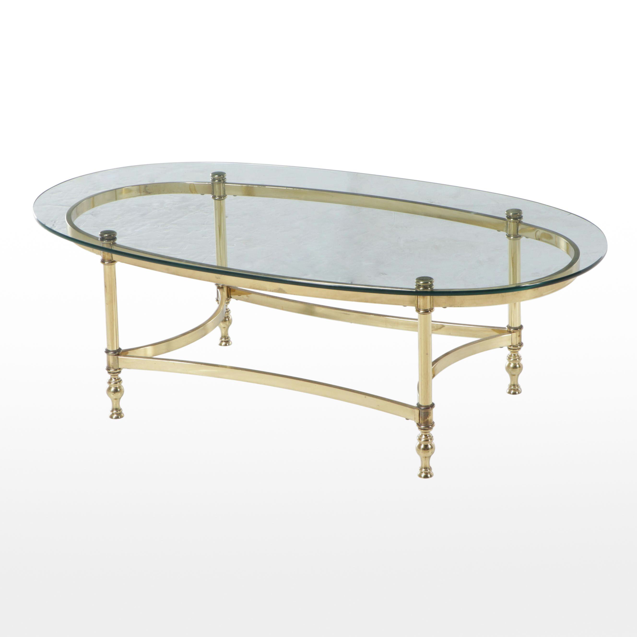 Mid Century Oval Glass Top Coffee Table with Brass Frame