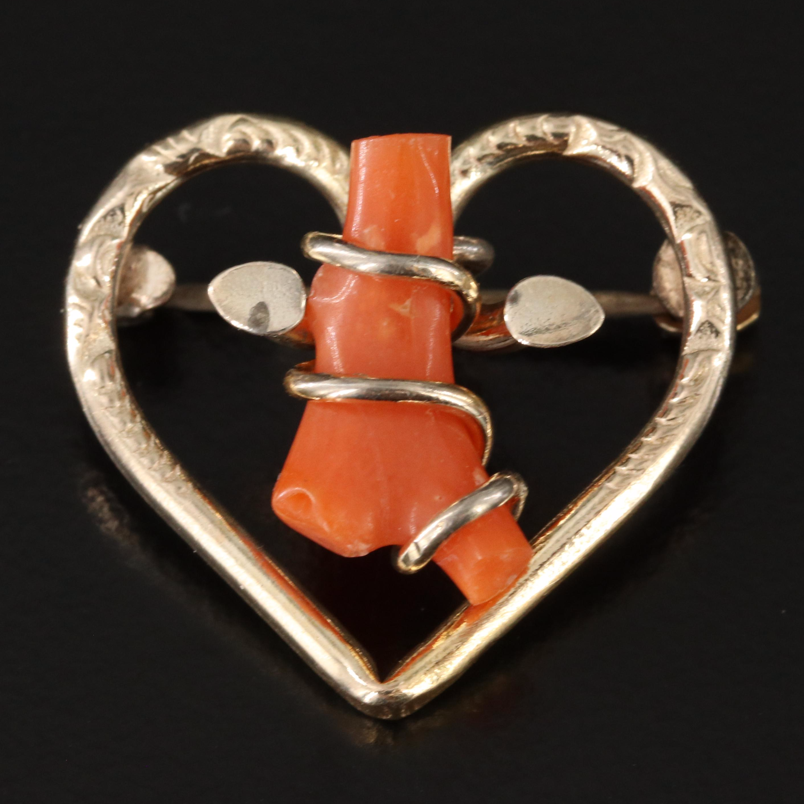 Vintage Gold-Filled Coral Heart Pin