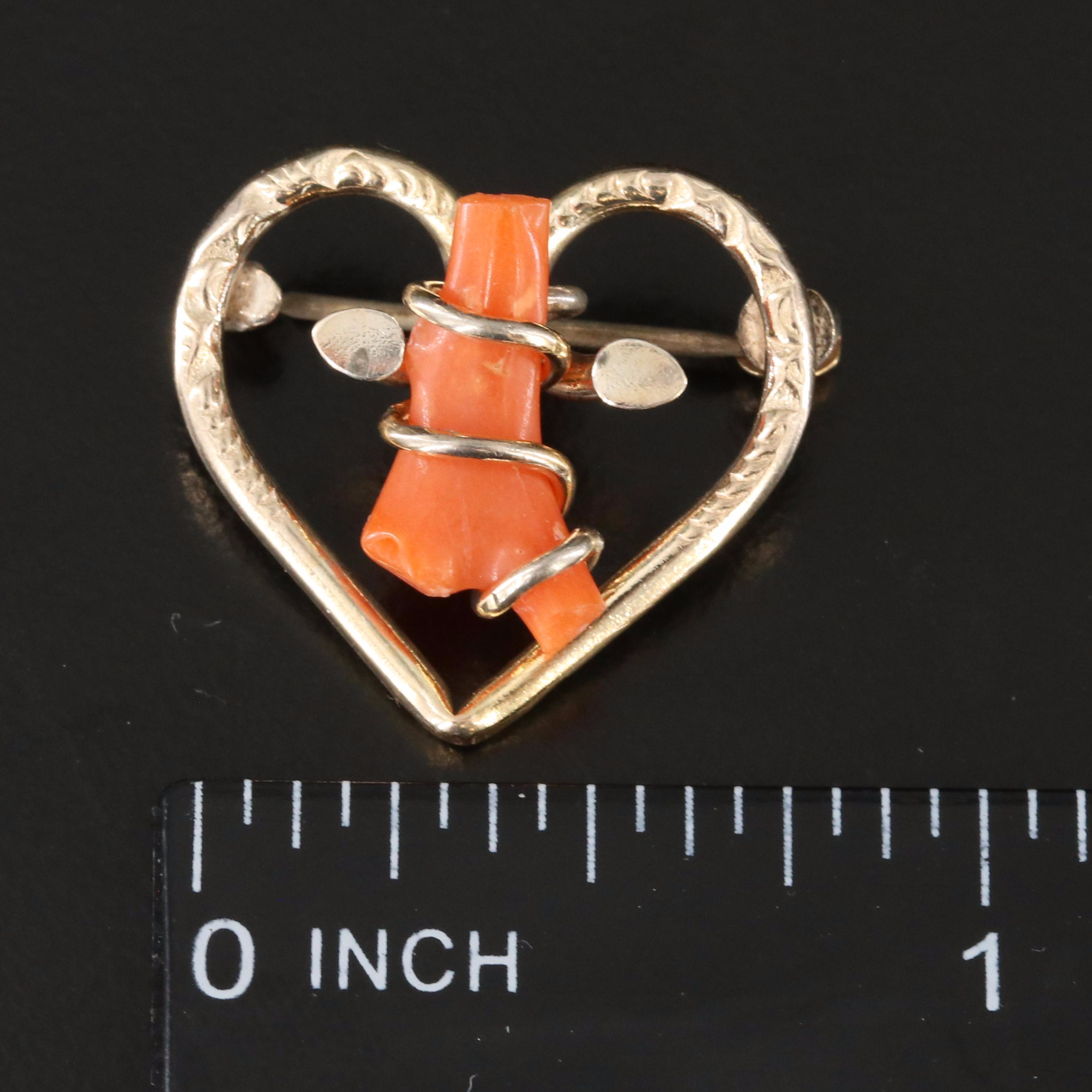 Vintage Gold-Filled Coral Heart Pin