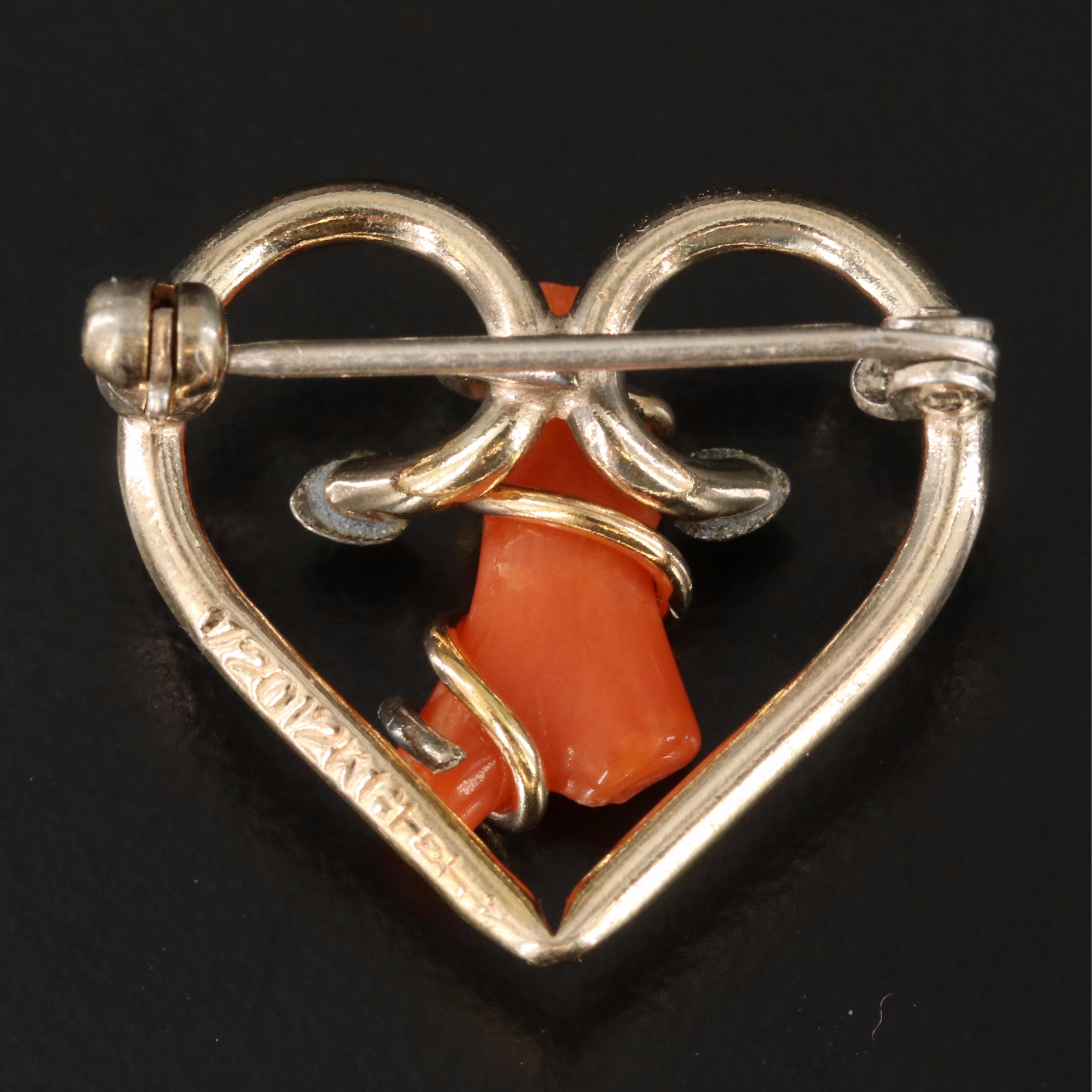 Vintage Gold-Filled Coral Heart Pin