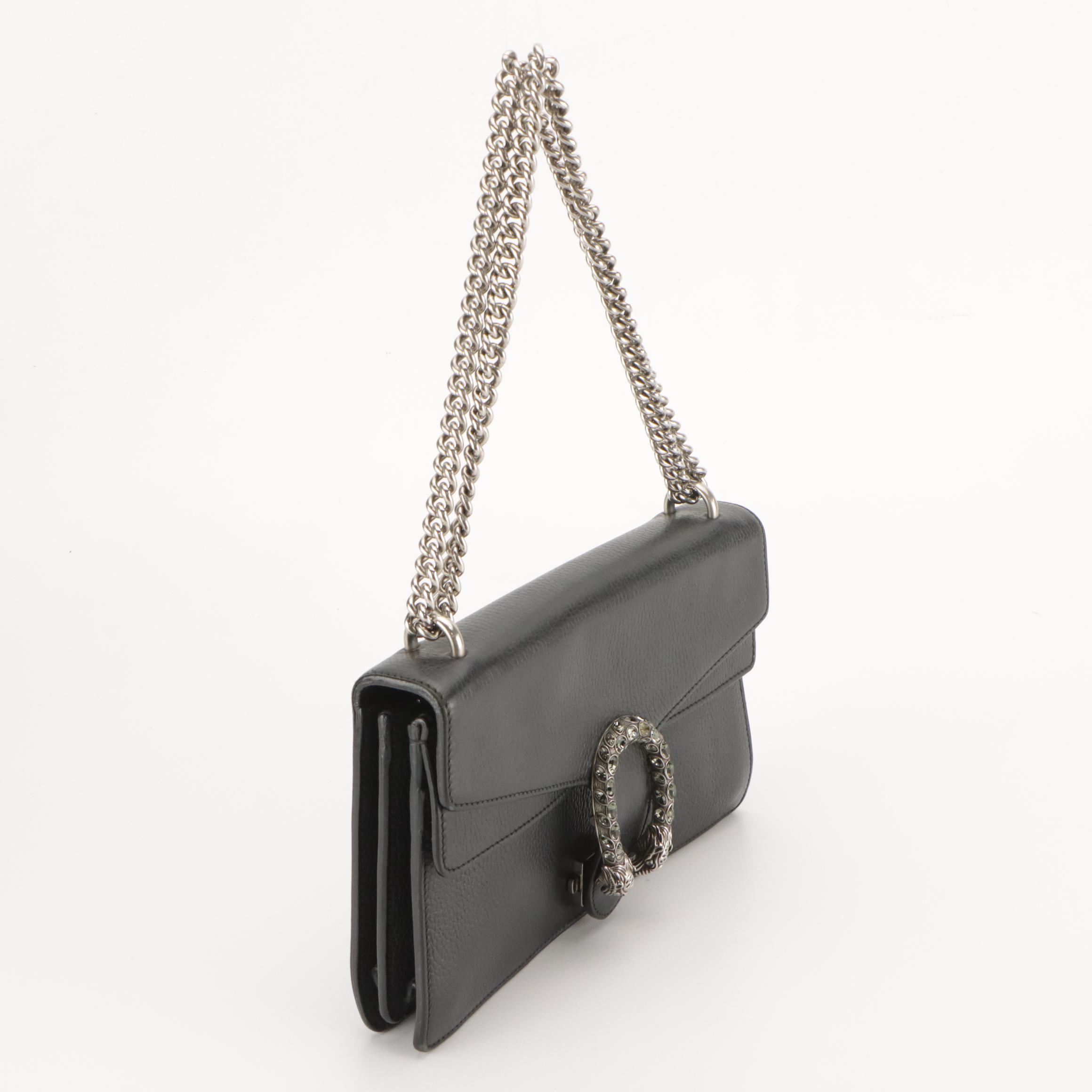 Gucci Medium Crystal Dionysus Shoulder Bag in Black Grained Leather
