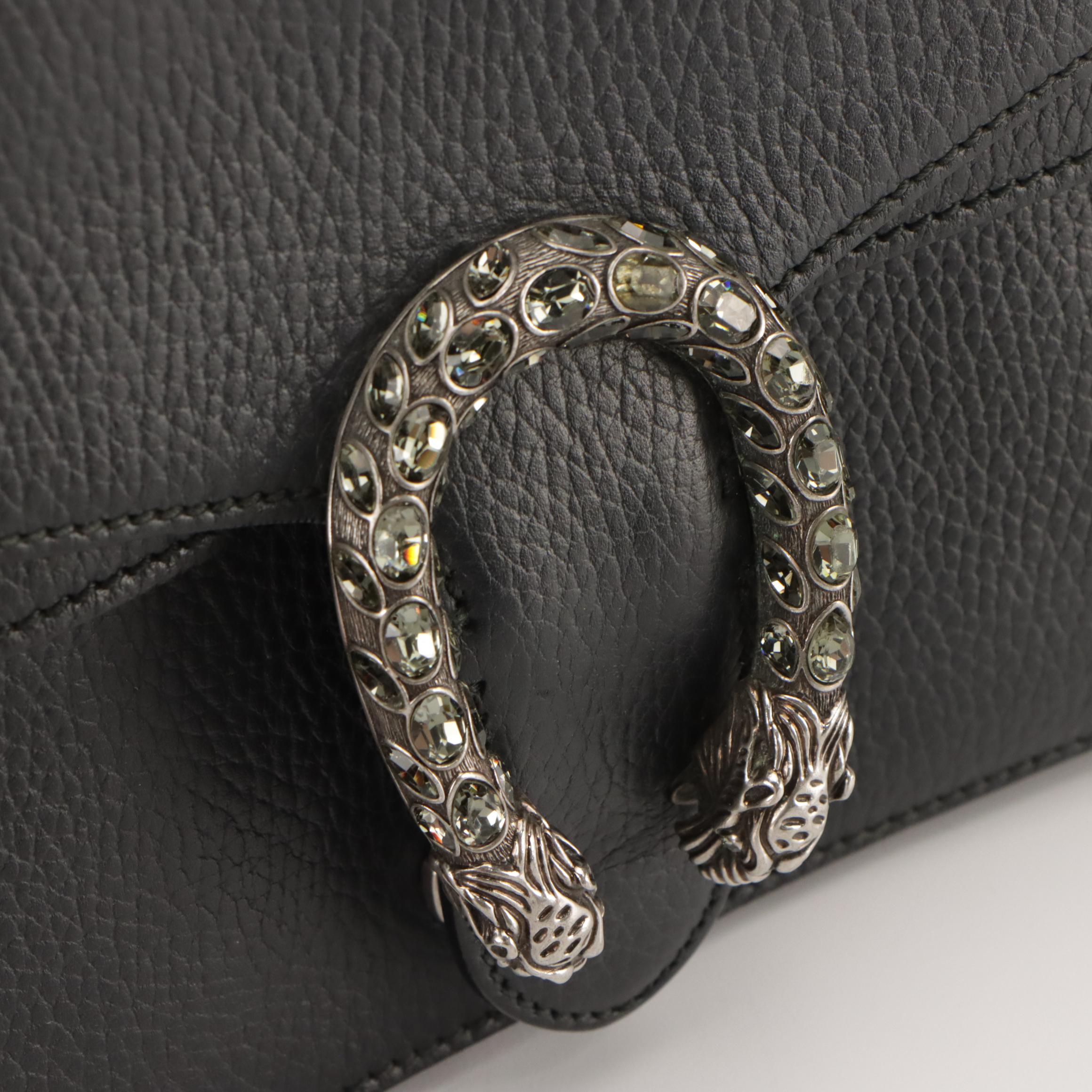 Gucci Medium Crystal Dionysus Shoulder Bag in Black Grained Leather