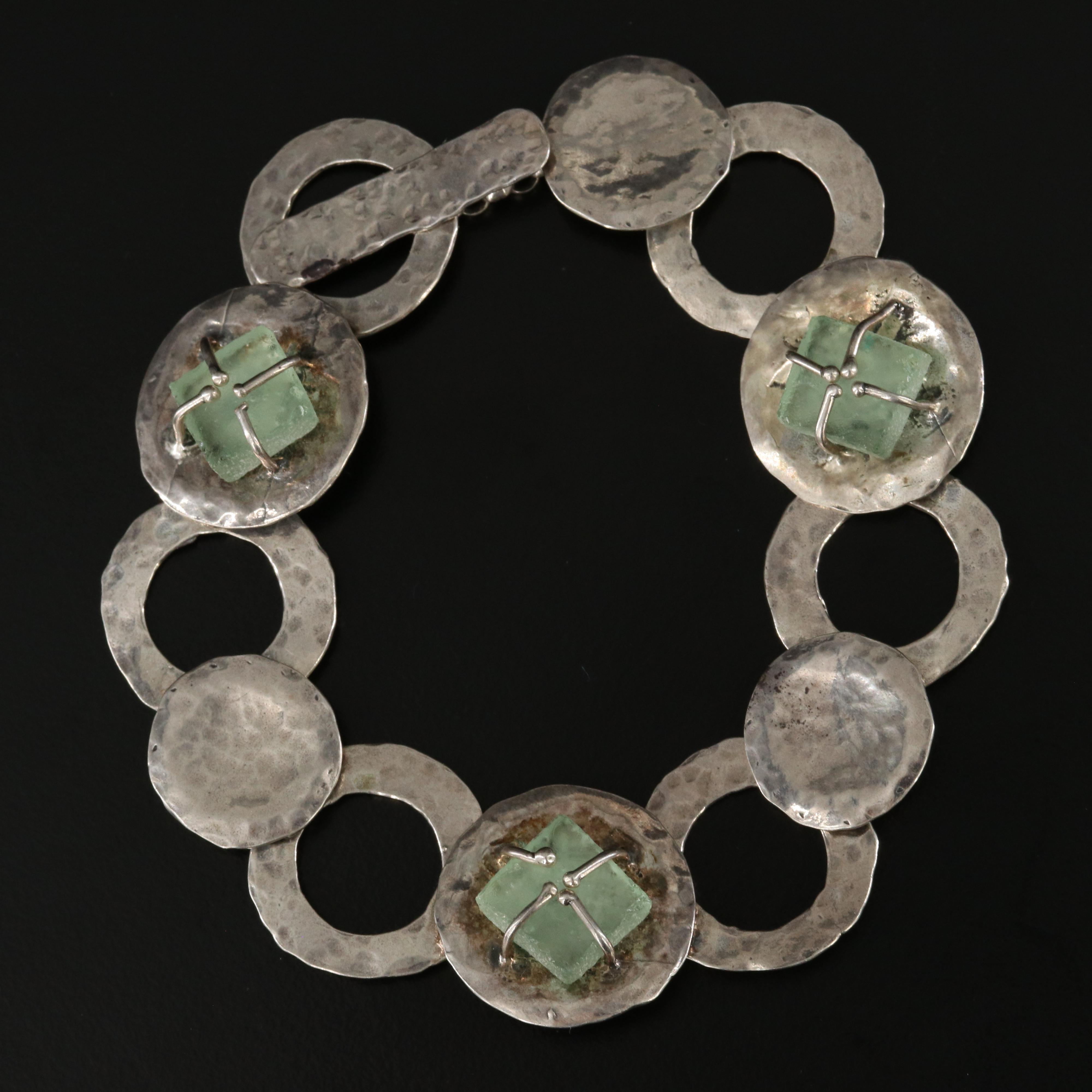 Luli of Israel Sterling Roman Style Glass and Hammered Link Bracelet