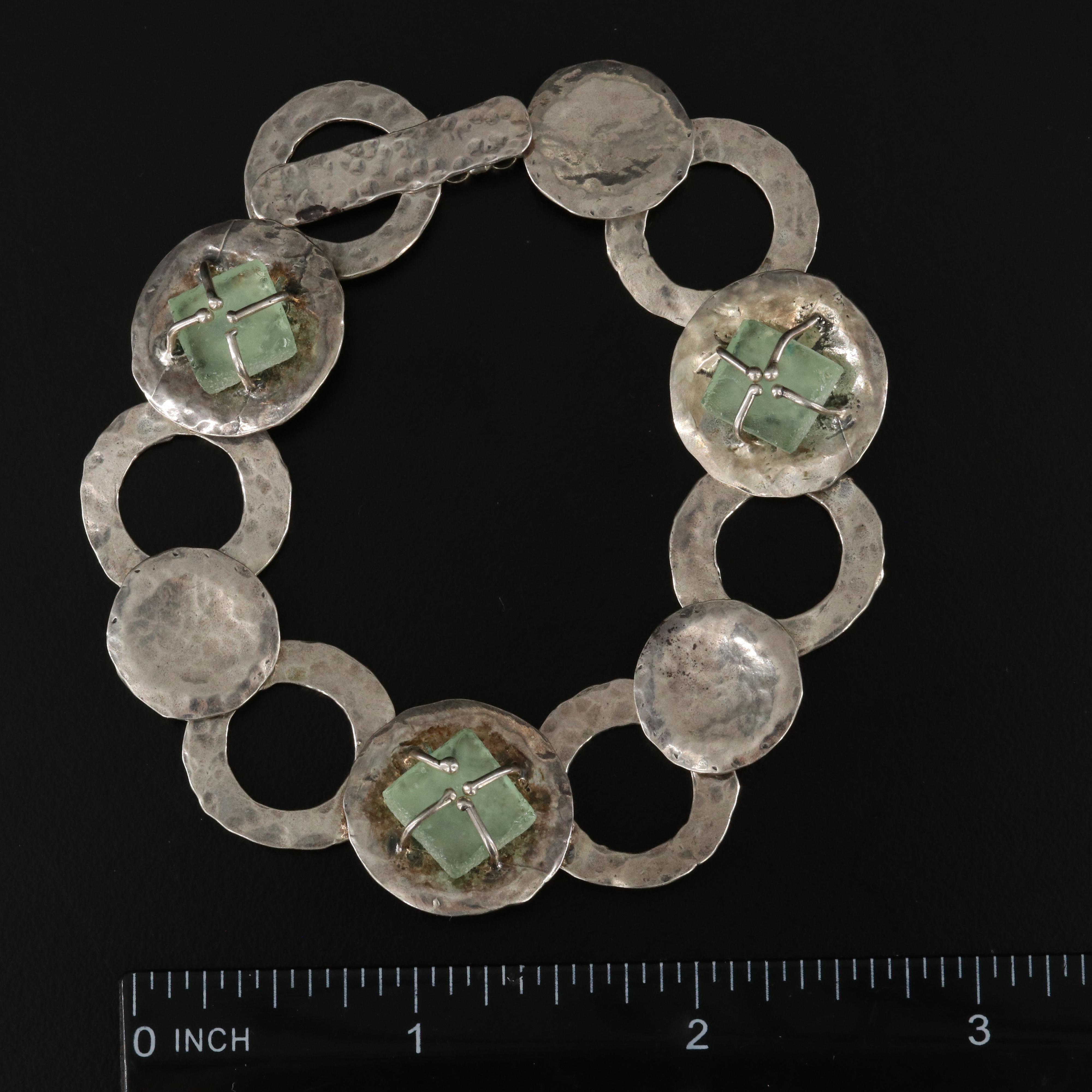 Luli of Israel Sterling Roman Style Glass and Hammered Link Bracelet