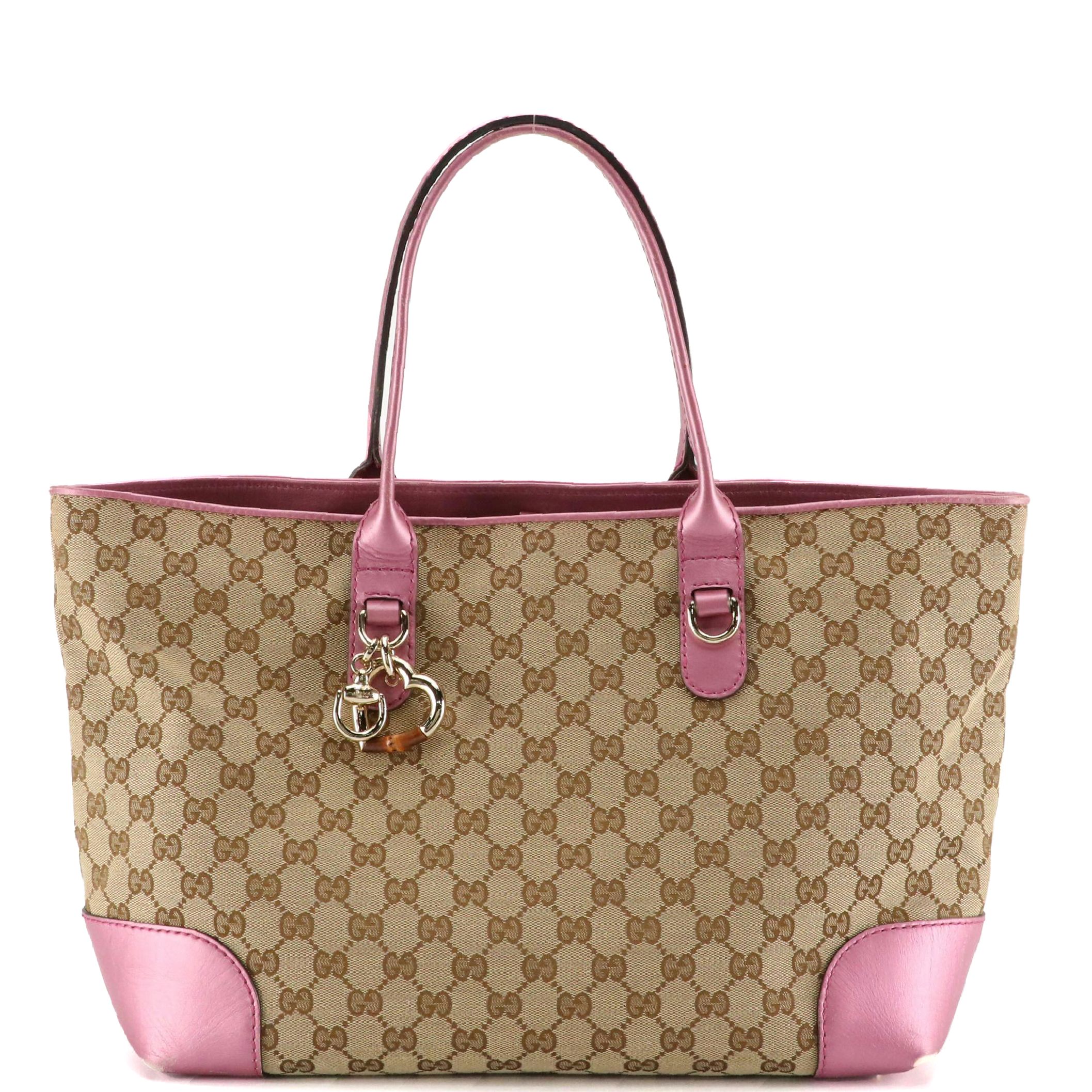 Gucci Bamboo Heart-Bit Tote in GG Canvas and Metallic Pink Leather Trim